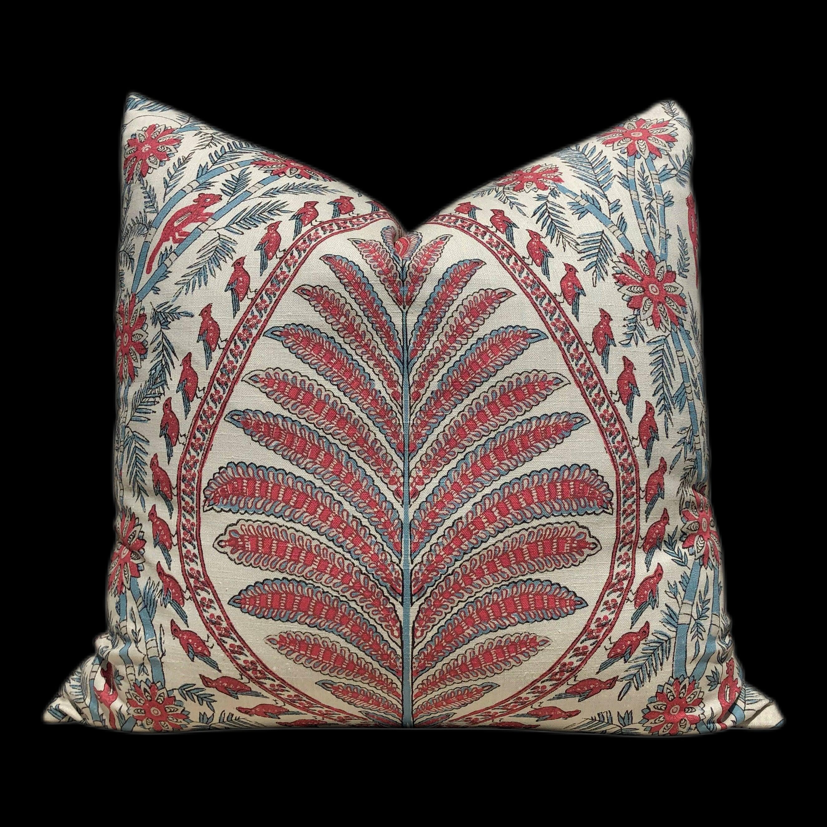 Thibaut Palampore Pillow in Red and Blue. Palm Leaf Pillow Cover, Medallion Cushion, Chinoiserie Accent Pillow, Bedding Pillow Decor 