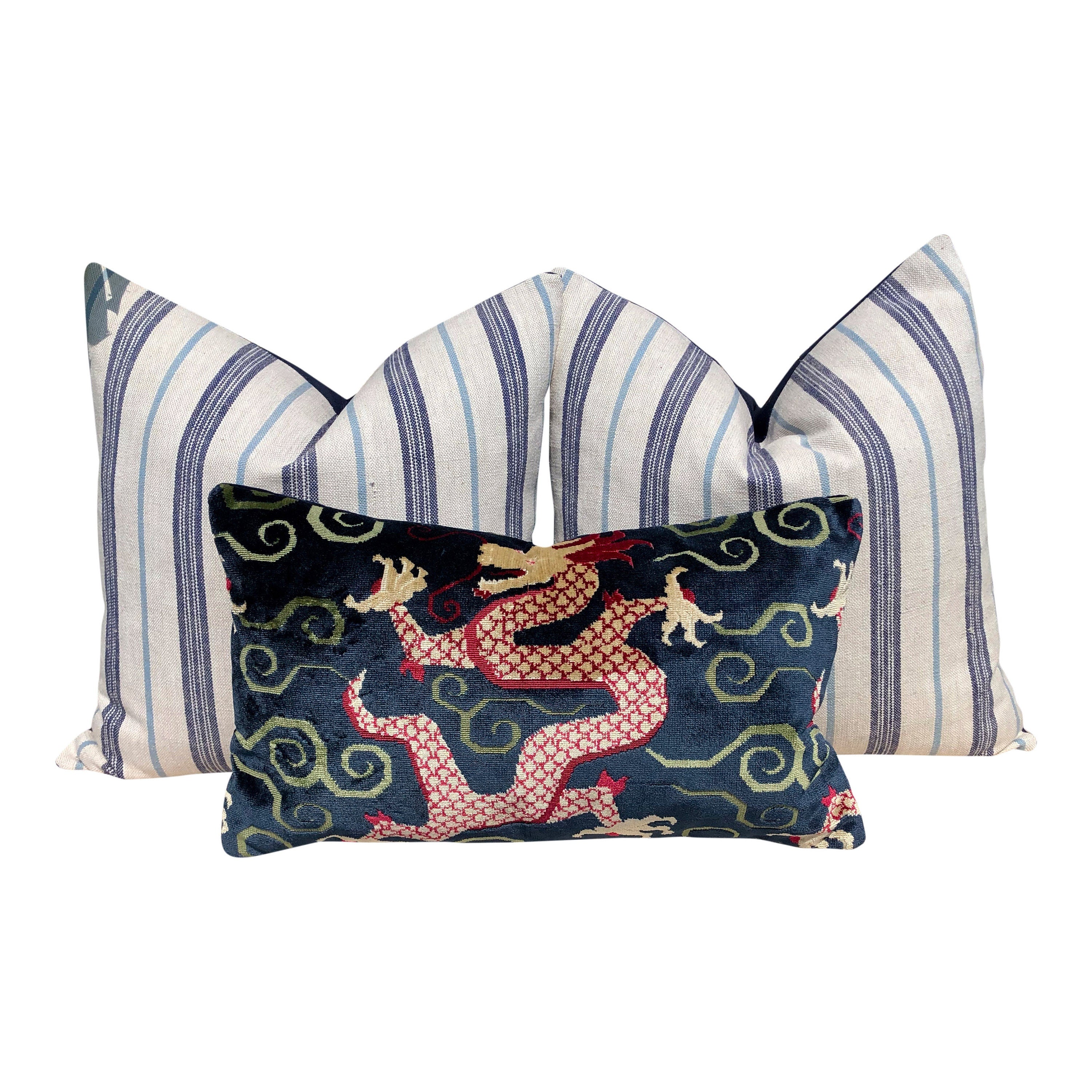 Schumacher Bixi Velvet Lumbar Pillow in Navy Blue. Dragon Velvet Pillow, Red Navy Chinoiserie Cushion, Asian Pillow Cover, Luxurious Pillow