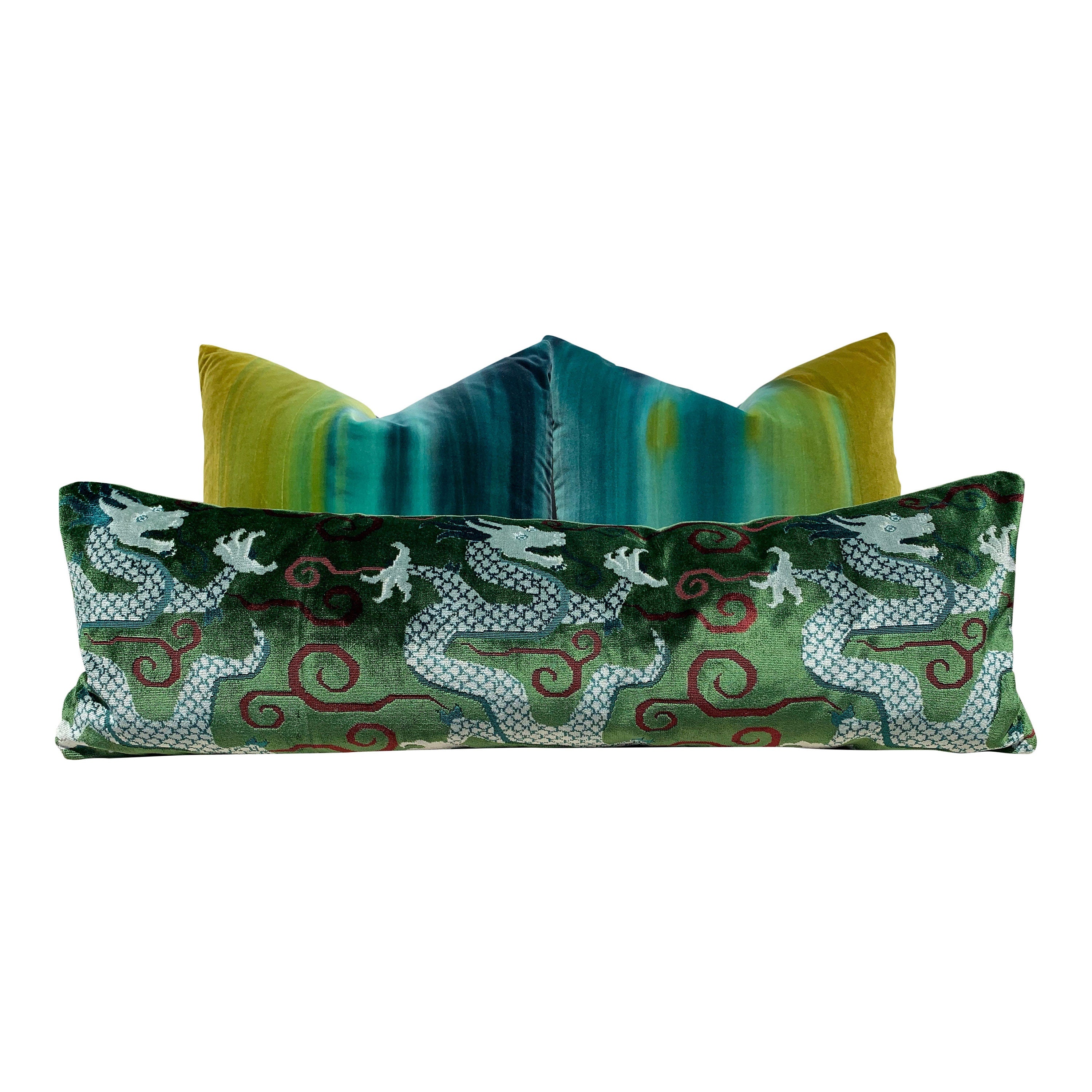 Schumacher Bixi Velvet Lumbar Pillow in Emerald Green. Dragon Velvet Pillow designer pillow cover high end cushion cover chinoiserie pillow