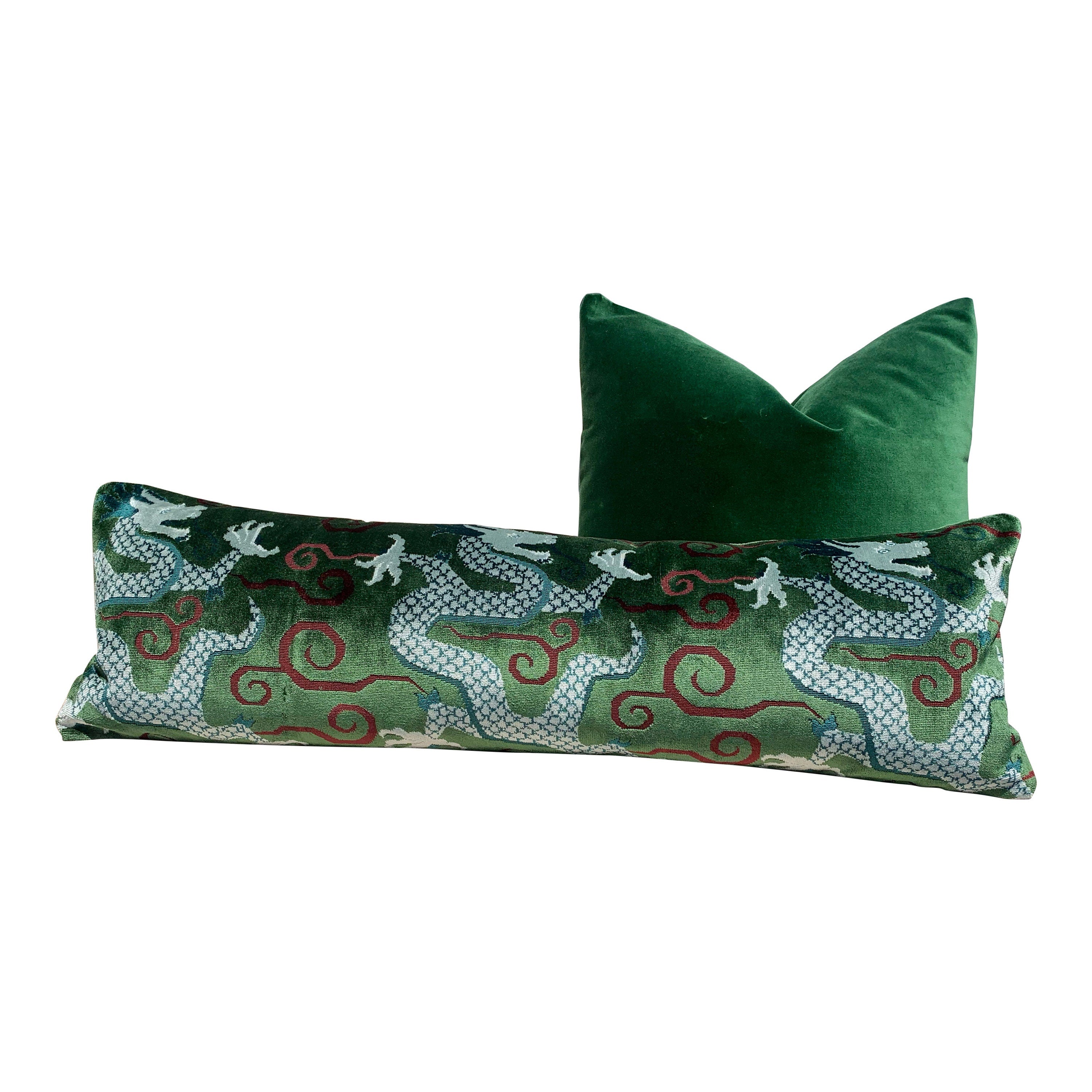 Schumacher Bixi Velvet Lumbar Pillow in Emerald Green. Dragon Velvet Pillow designer pillow cover high end cushion cover chinoiserie pillow