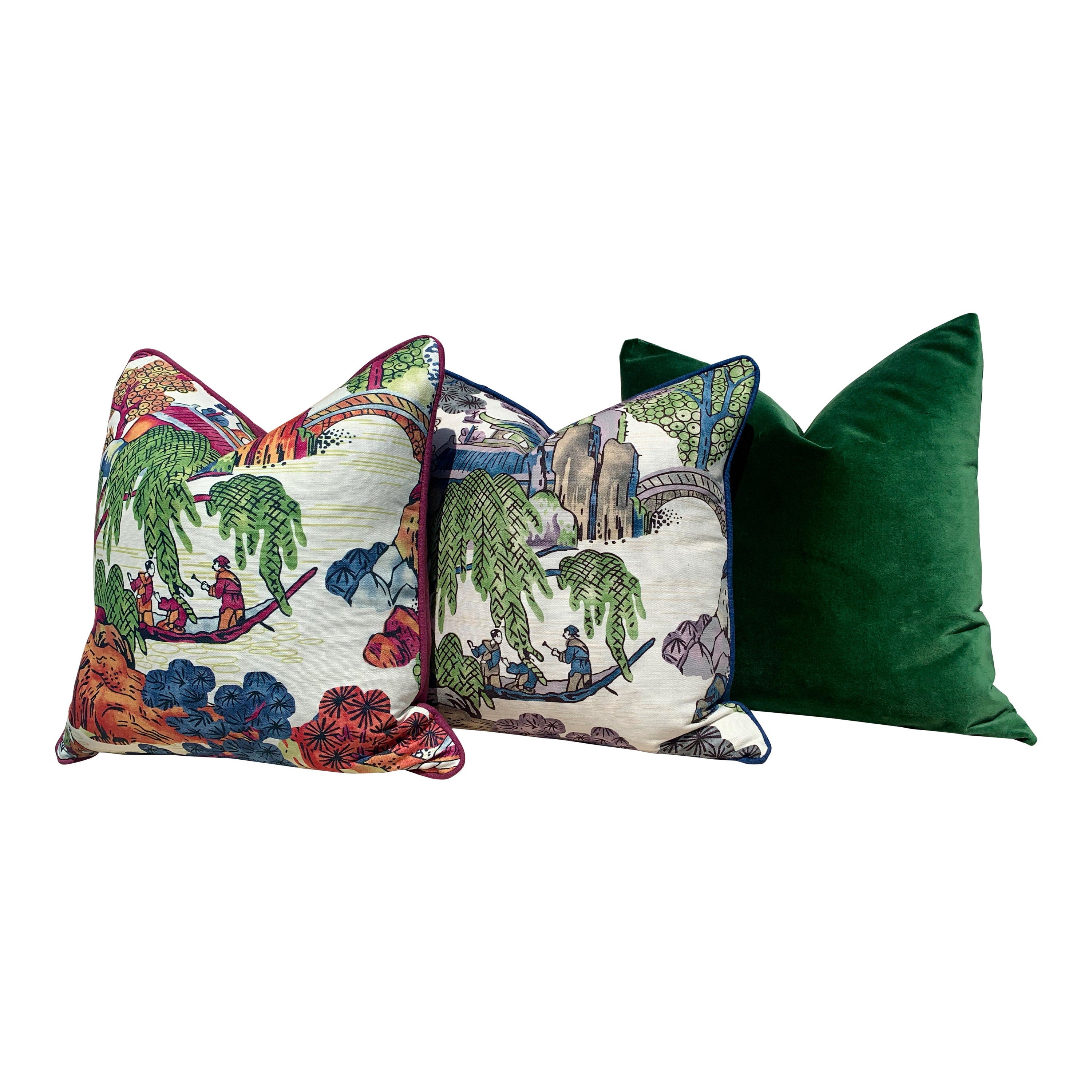 Thibaut "Asian Scenic" Pillow  Green Purple. Accent Pillow Cover, Designer Cushion, Decorative Pillow, High End Pillow, Chinoiserie Pillow