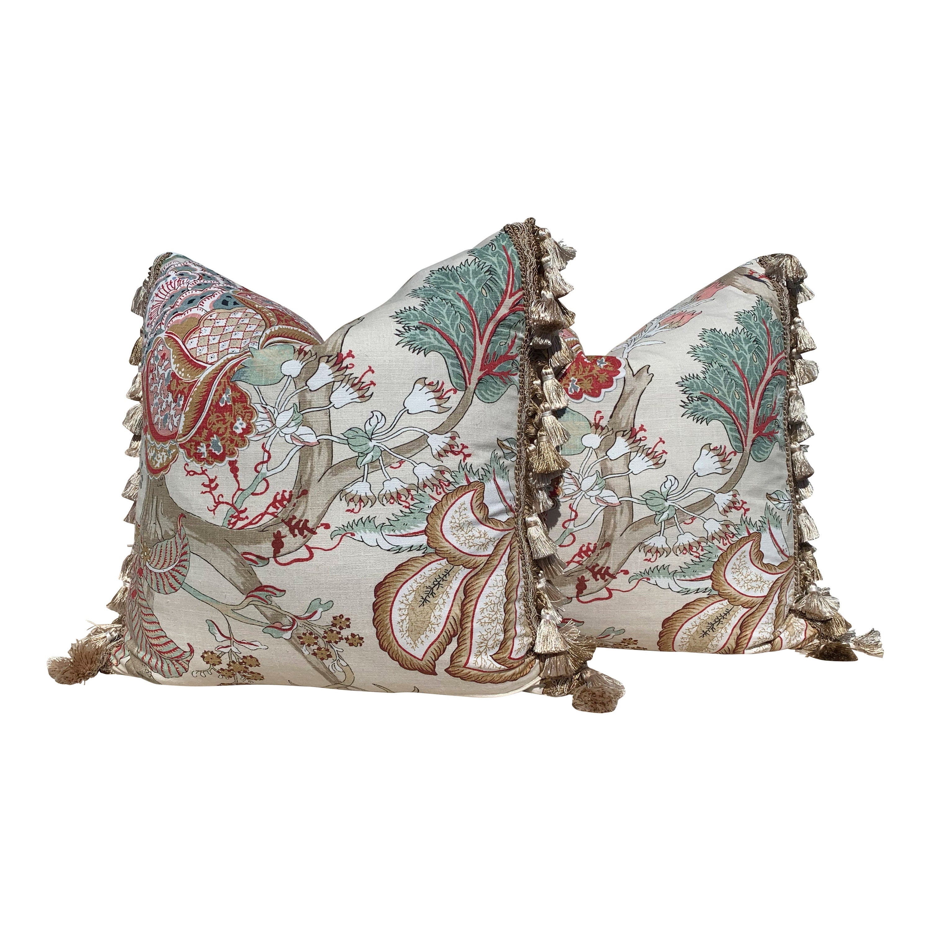 Thibaut Kalamkari Pillow Embelished with Sand Tassel Fringe. Decorative Cushion Cover with Tassel Trim, Red Aqua Green Tan Pillow Case