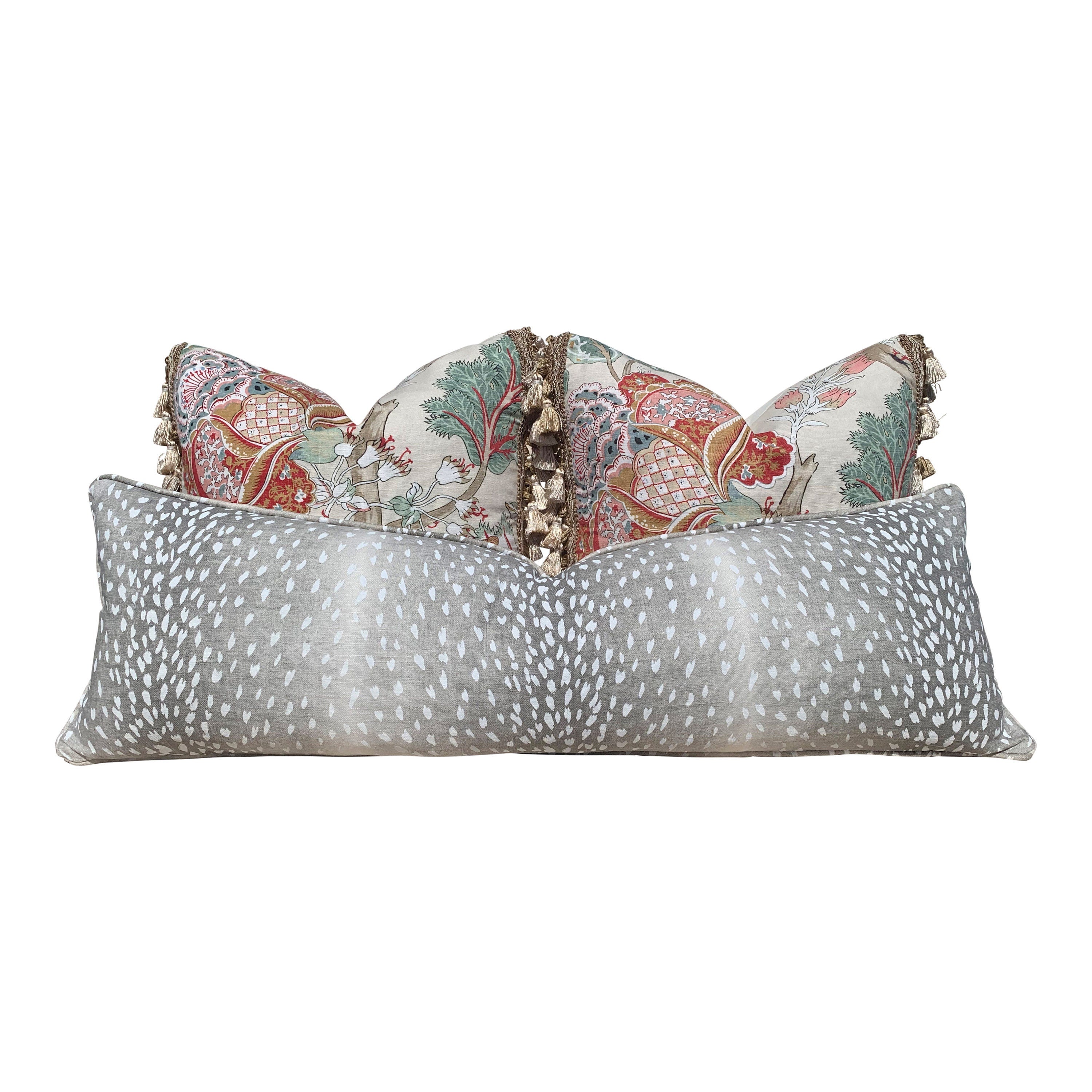 Thibaut Kalamkari Pillow Embelished with Sand Tassel Fringe. Decorative Cushion Cover with Tassel Trim, Red Aqua Green Tan Pillow Case