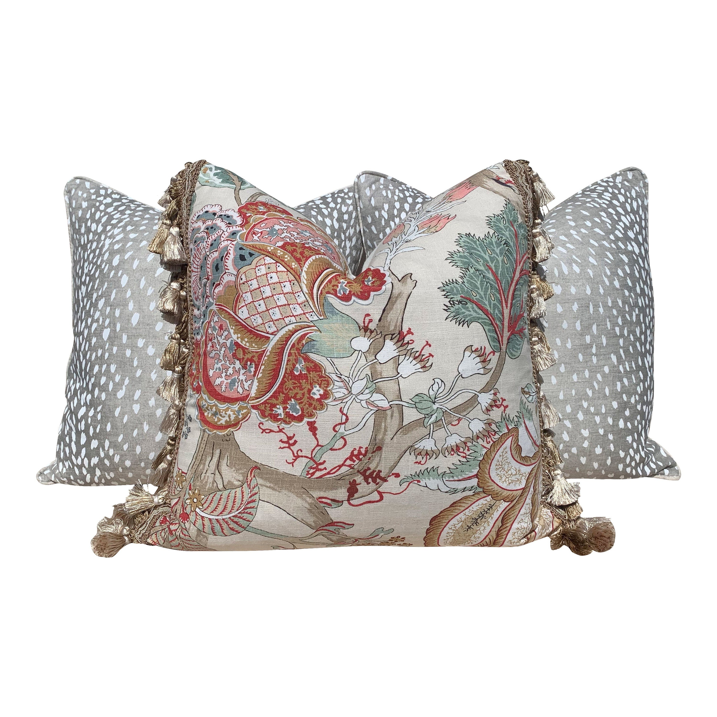 Thibaut Kalamkari Pillow Embelished with Sand Tassel Fringe. Decorative Cushion Cover with Tassel Trim, Red Aqua Green Tan Pillow Case