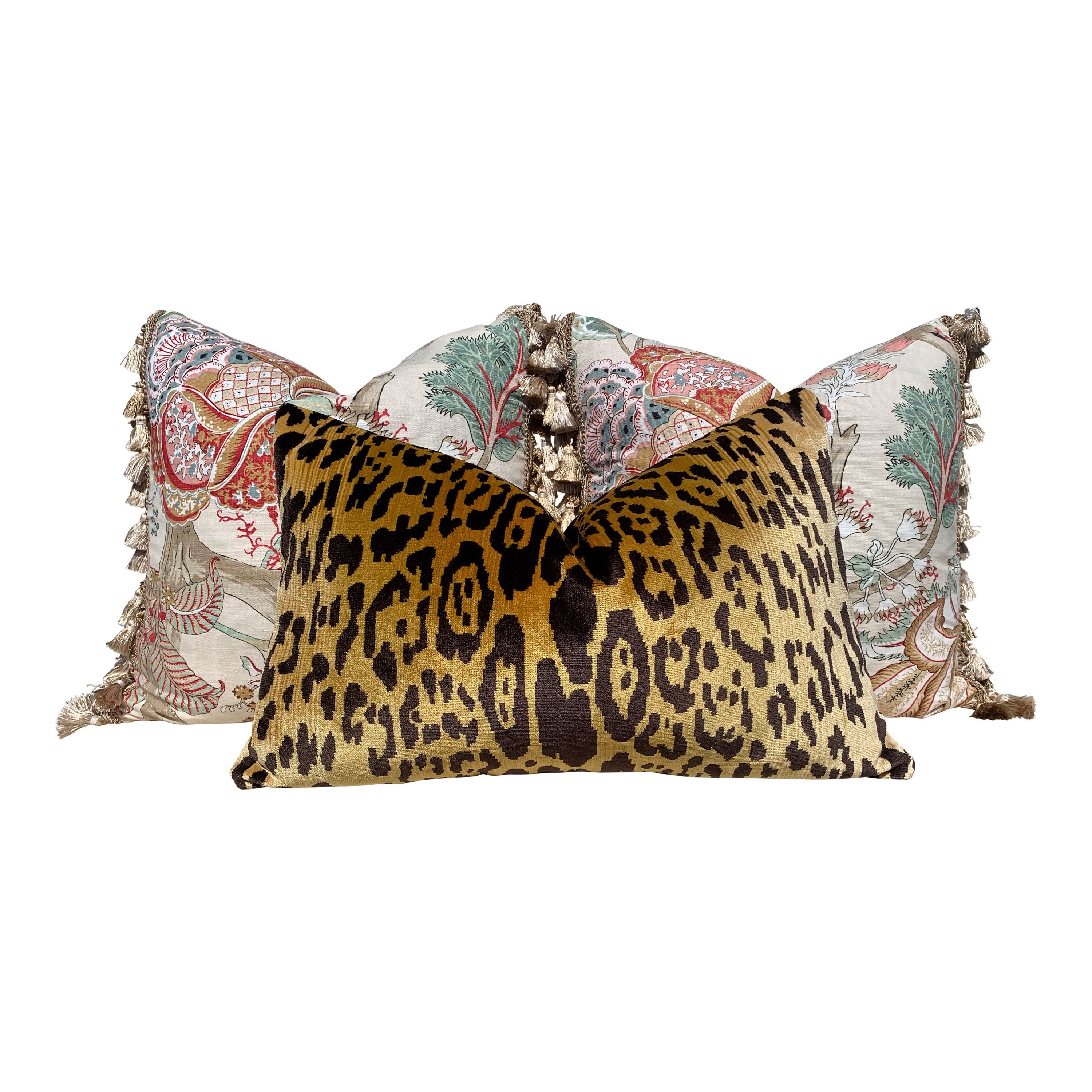 Thibaut Kalamkari Pillow Embelished with Sand Tassel Fringe. Decorative Cushion Cover with Tassel Trim, Red Aqua Green Tan Pillow Case