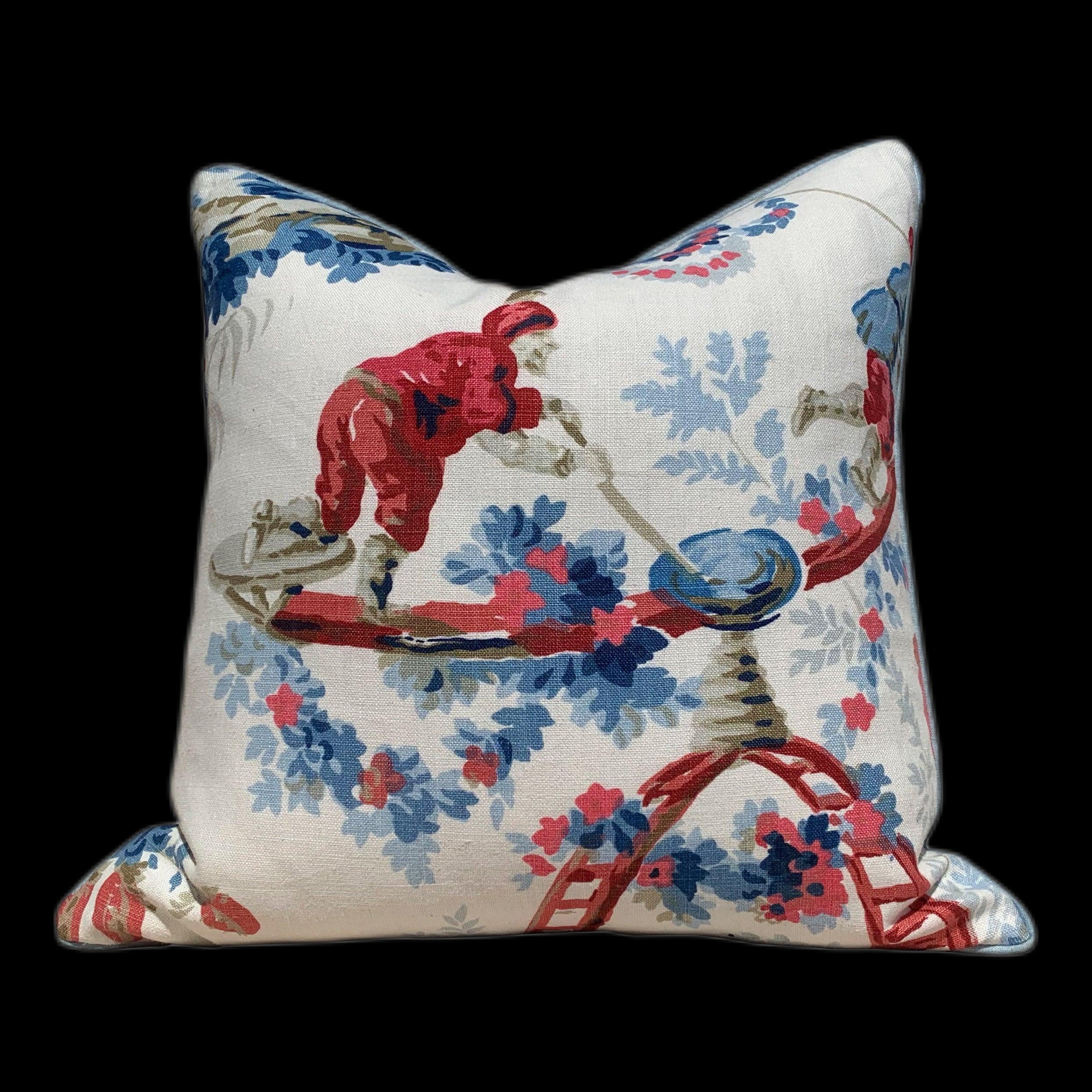 Schumacher "Plaisirs De La Chine"  Linen Pillow in BLue and Rouge. Floral Lumbar Pillow.