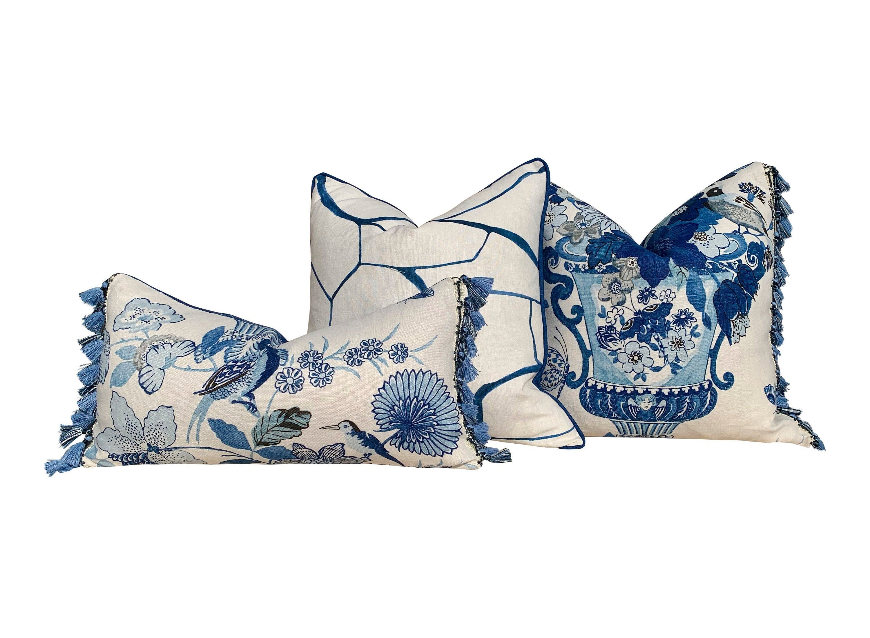 Schumacher Lansdale Bouquet Pillow, BlueTassel Trim. Lumbar Decorative Pillow, Designer pillows, accent cushion cover, bird pillow cover