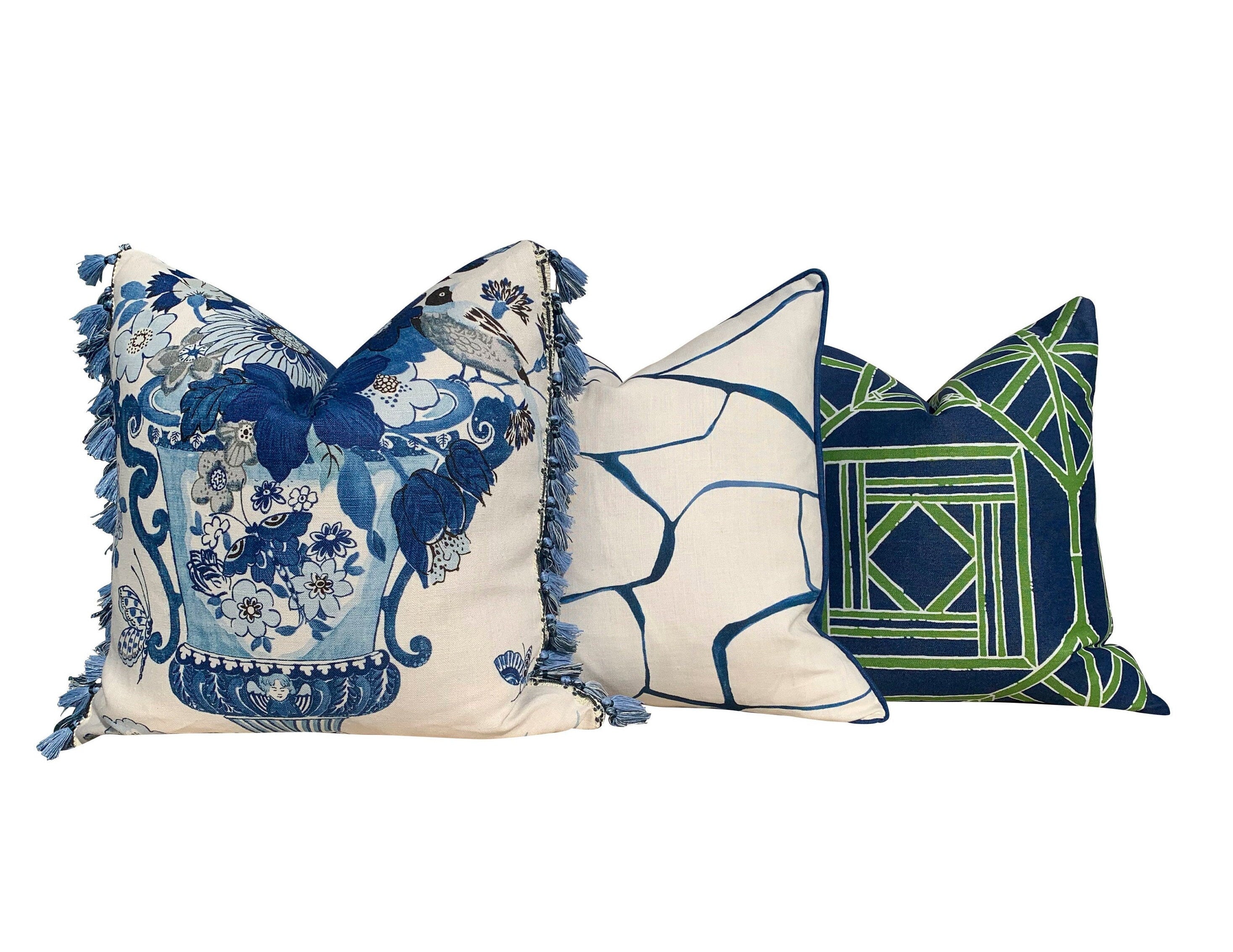 Schumacher Lansdale Bouquet Pillow, BlueTassel Trim. Lumbar Decorative Pillow, Designer pillows, accent cushion cover, bird pillow cover