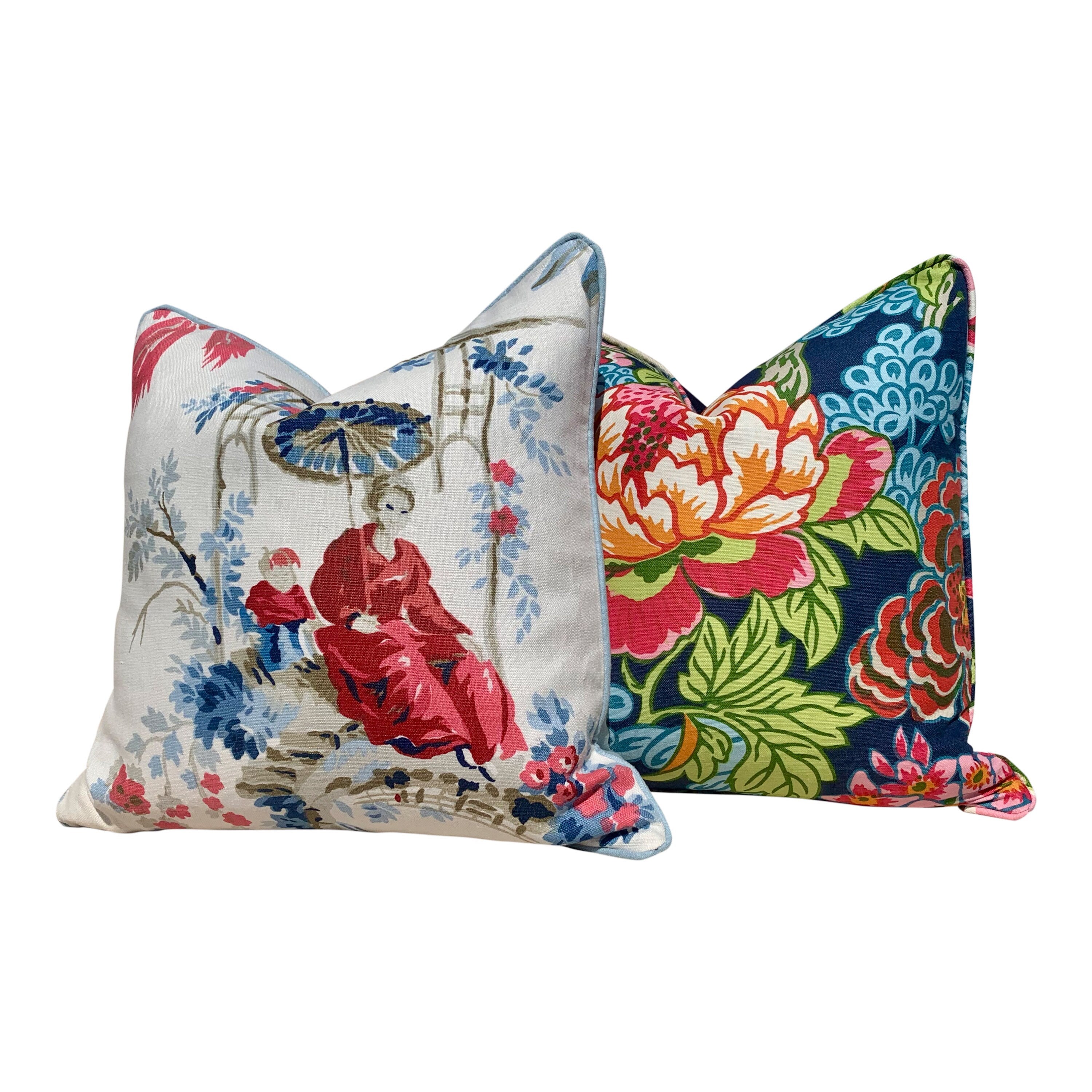 Thibaut Honshu Pillow in Navy Blue. Chinoiserie Floral Pillow. Lumbar Pillow. Designer pillow, accent pillow cover, high end cushion