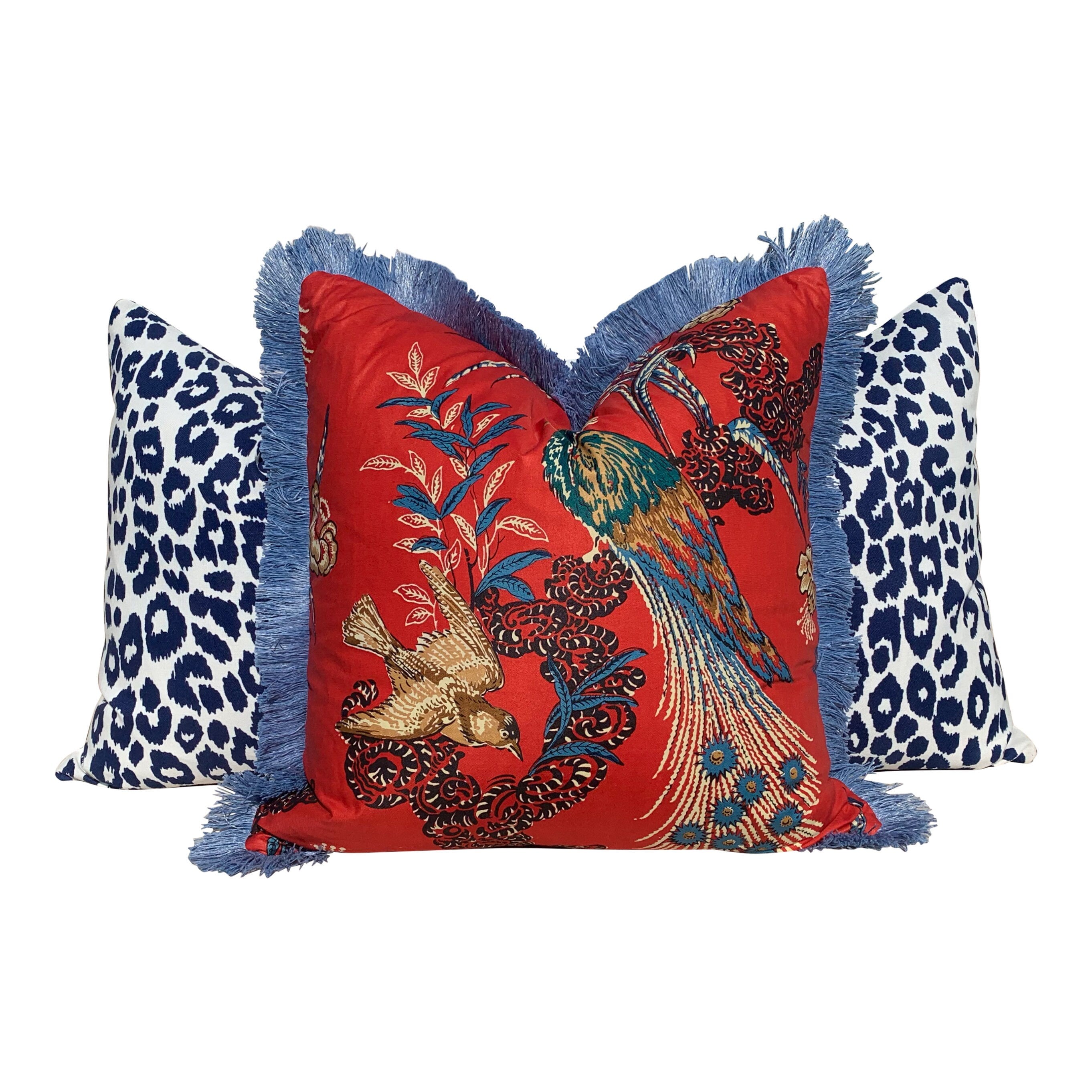 Schumacher Peacock Pillow in red Embelished with French Blue Brush Trim. Decorative Pillow. Bird Throw Pillow.