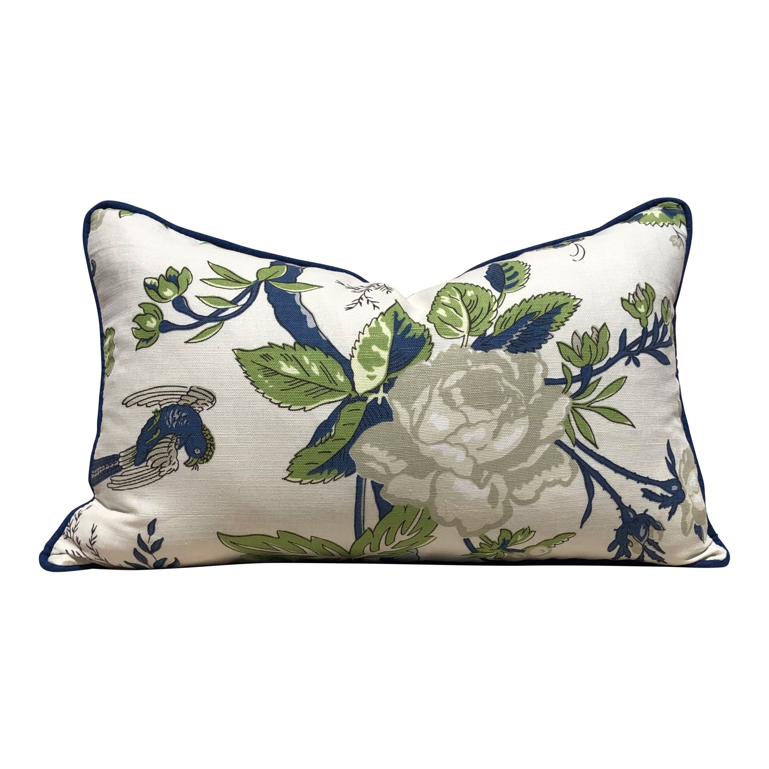 Thibaut Nemour Floral Pillow In Green, Blue. Designer pillows, accent cushion cover, decorative green pillow, high end pillow cover.