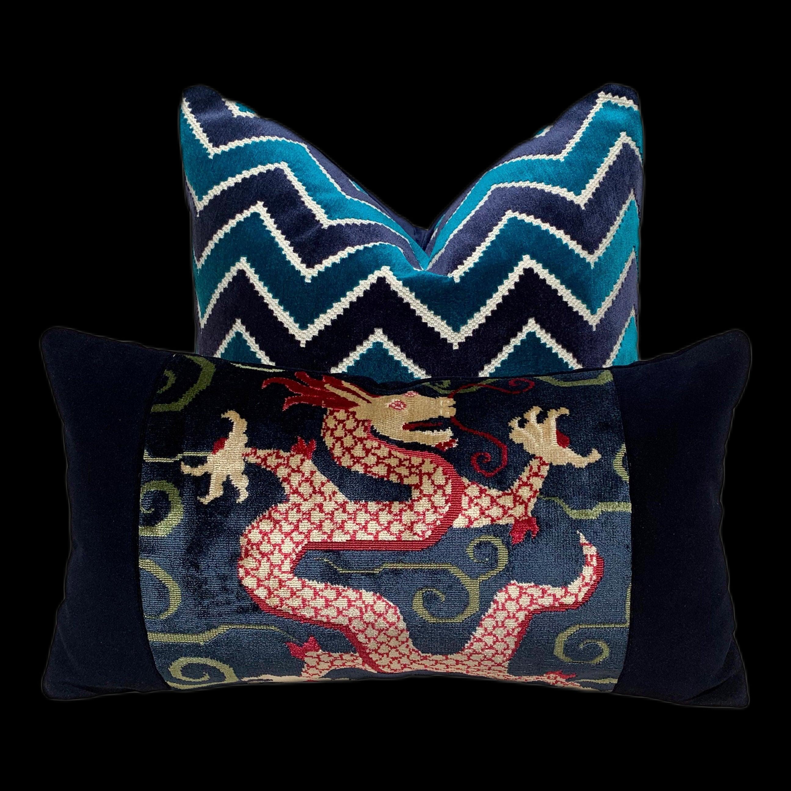 Schumacher Bixi Velvet Lumbar Pillow, Dark Navy. Lumbar Decorative Velvet Pillow. Designer pillows, accent cushion cover, decorative pillow