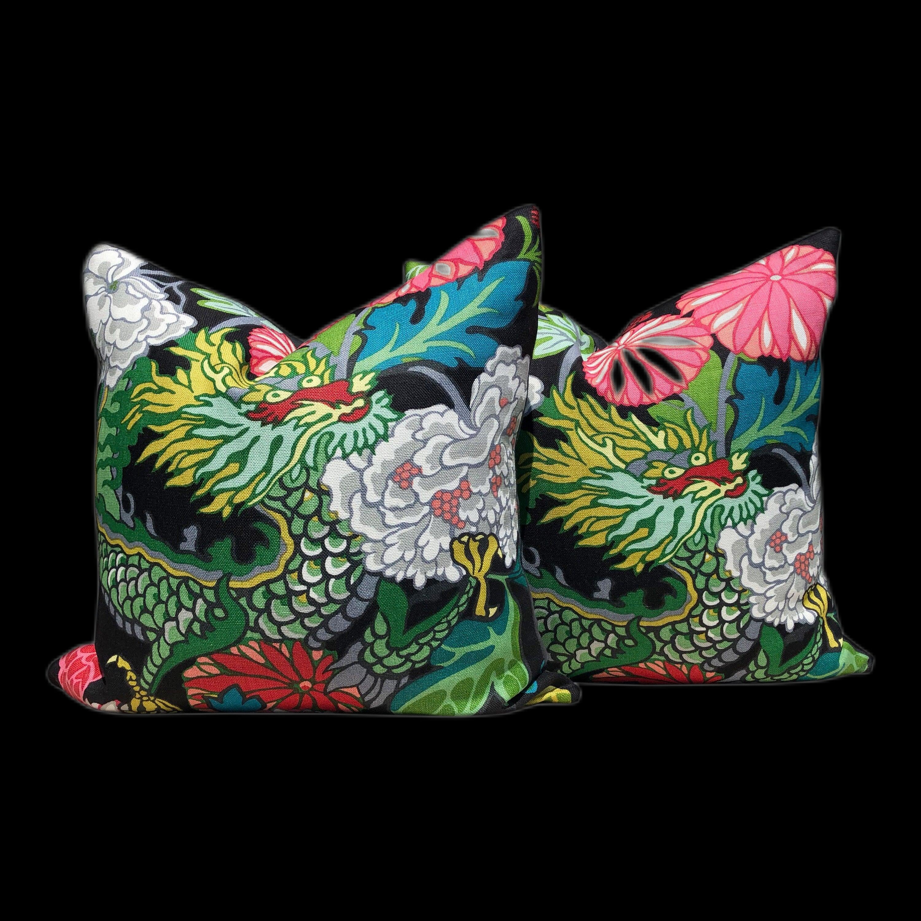 Chang Mai Dragon LInen Pillow in Ebony. Black, Pink Lumbar Pillow Cover, Chinoiserie Pillow, Green Black Floral pillow, Euro Sham Pillow