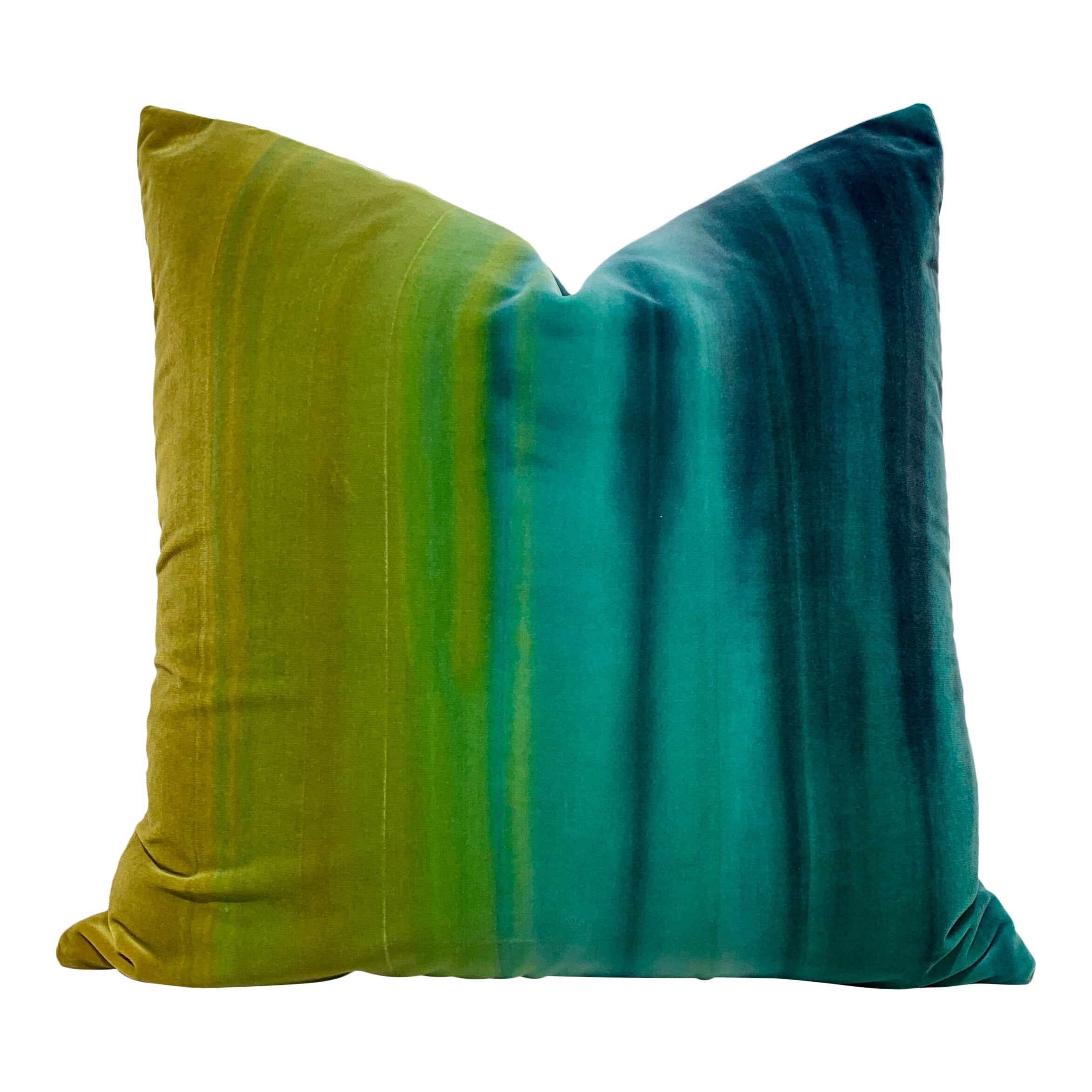 Ombre Plush Velvet Pillow In Zest and Emerald. Designer Velvet Pillows, Velvet Lumbar Pillow Covers, High End Modern Pillows, Luxury Pillows