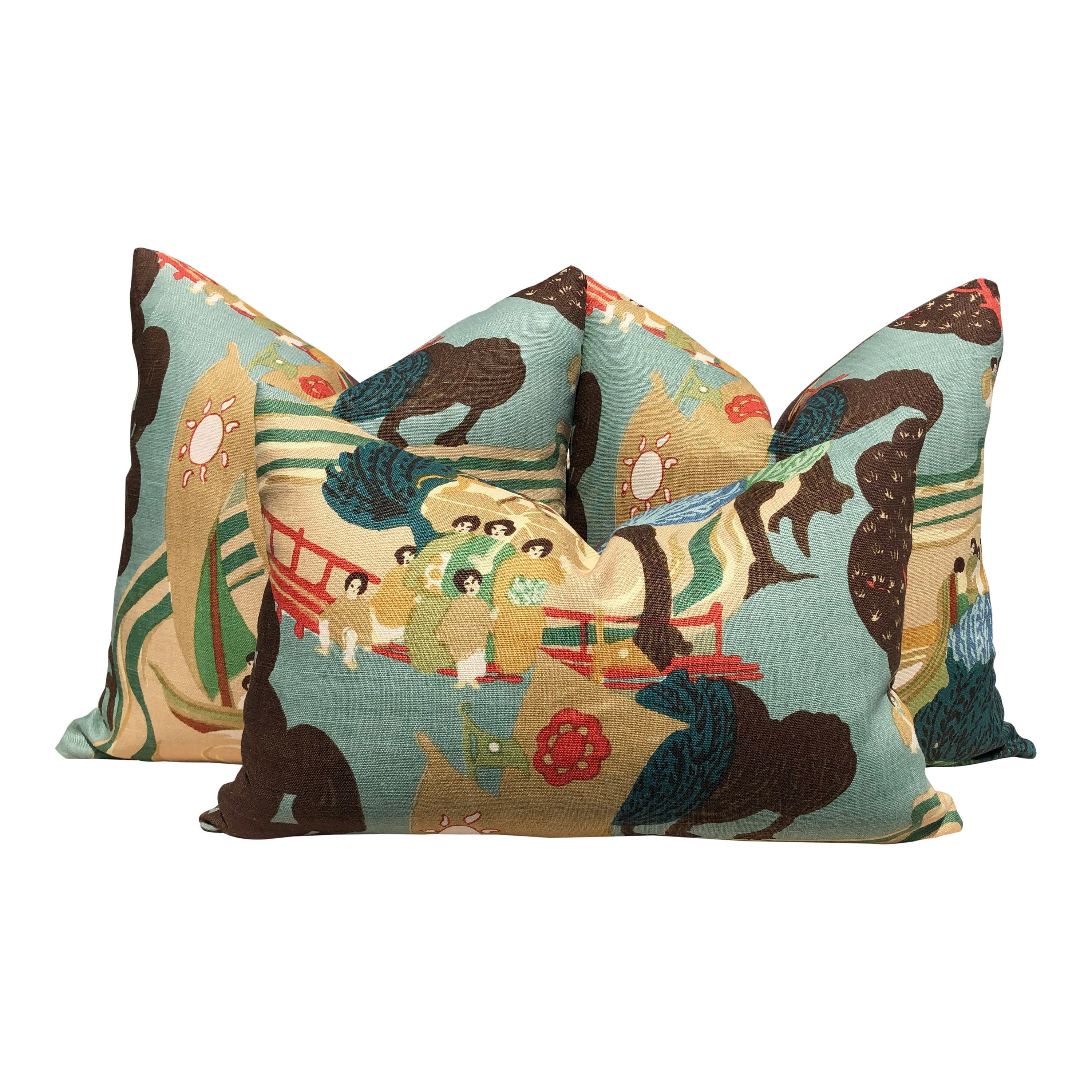 Schumacher Pearl River Linen Pillow in Jade. Designer Tan Aqua Pillow // Lumbar Linen Pillow // Chinoiserie Pillow Cover //