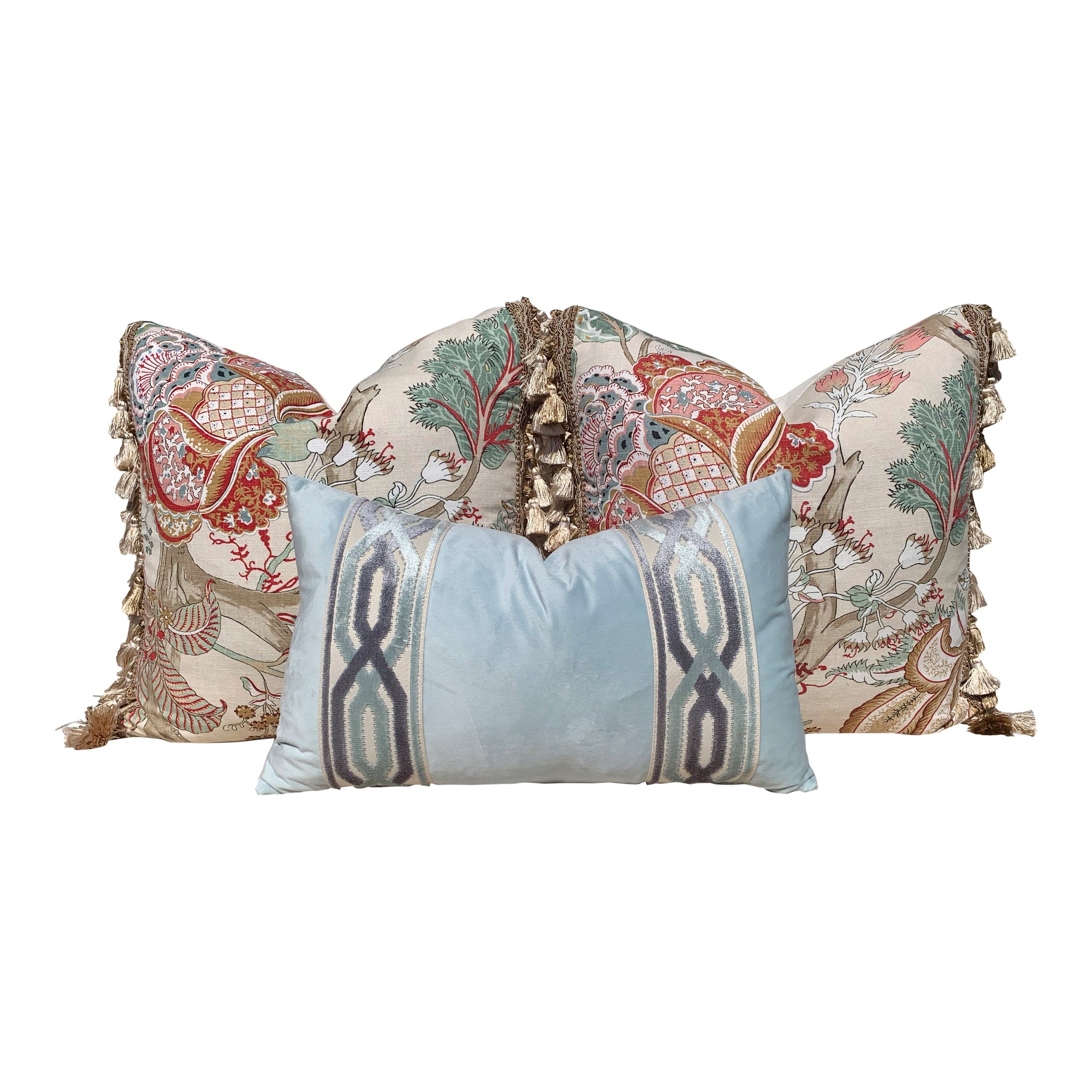 Thibaut Kalamkari Pillow Embelished with Sand Tassel Fringe. Decorative Cushion Cover with Tassel Trim, Red Aqua Green Tan Pillow Case