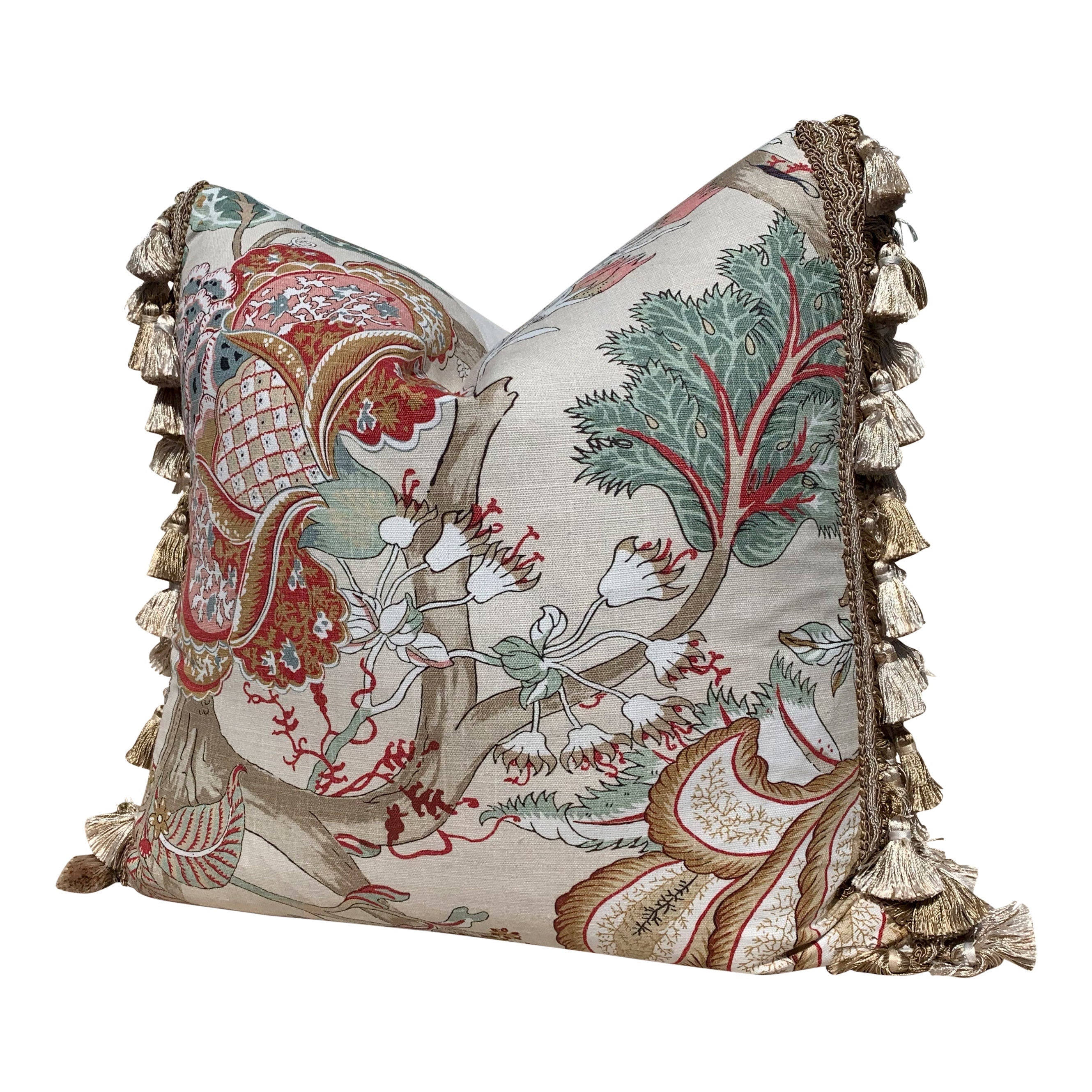 Thibaut Kalamkari Pillow Embelished with Sand Tassel Fringe. Decorative Cushion Cover with Tassel Trim, Red Aqua Green Tan Pillow Case