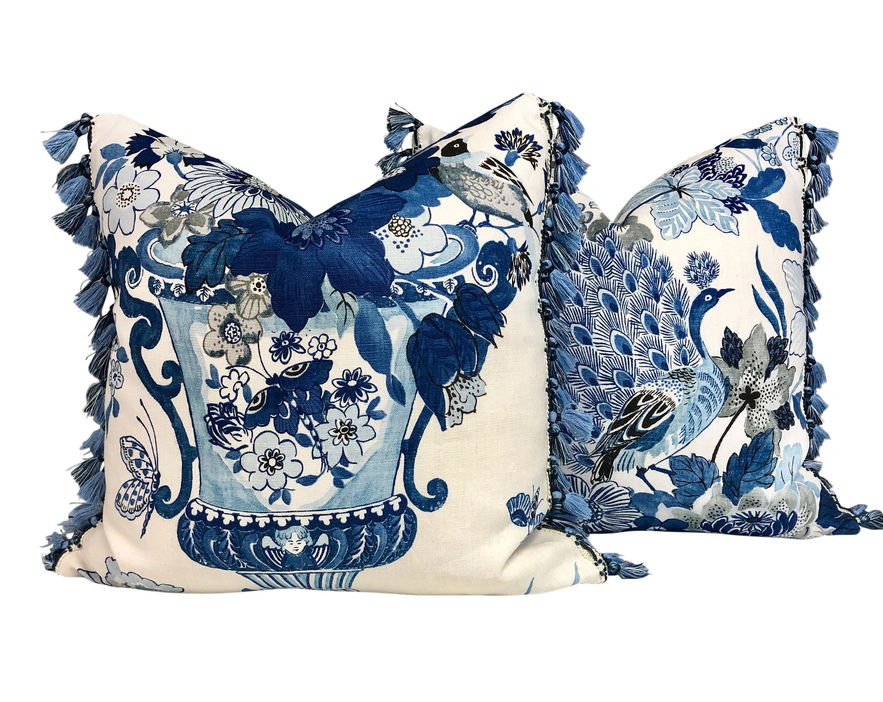 Schumacher Lansdale Bouquet Pillow, BlueTassel Trim. Lumbar Decorative Pillow, Designer pillows, accent cushion cover, bird pillow cover