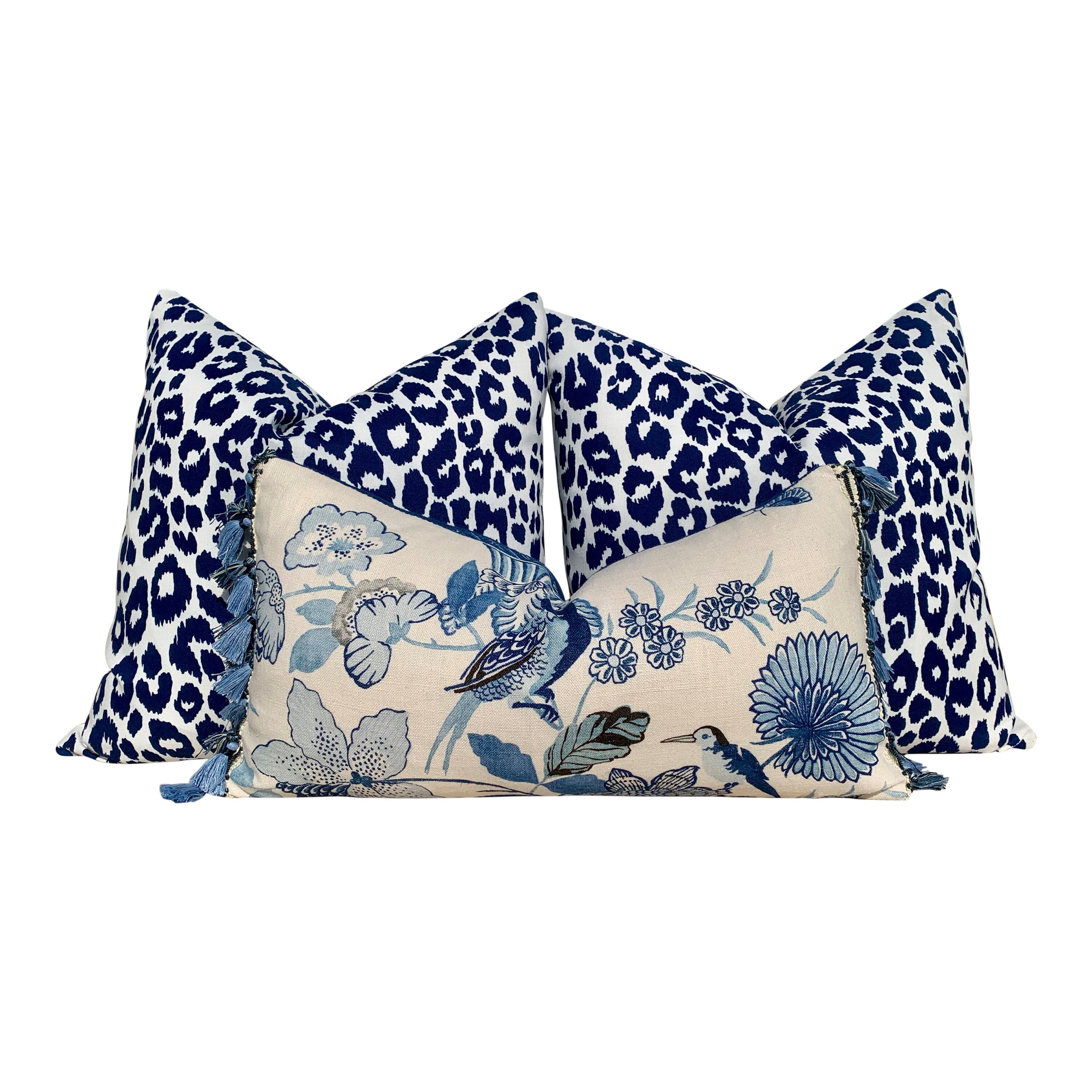 Schumacher Lansdale Bouquet Pillow, BlueTassel Trim. Lumbar Decorative Pillow, Designer pillows, accent cushion cover, bird pillow cover
