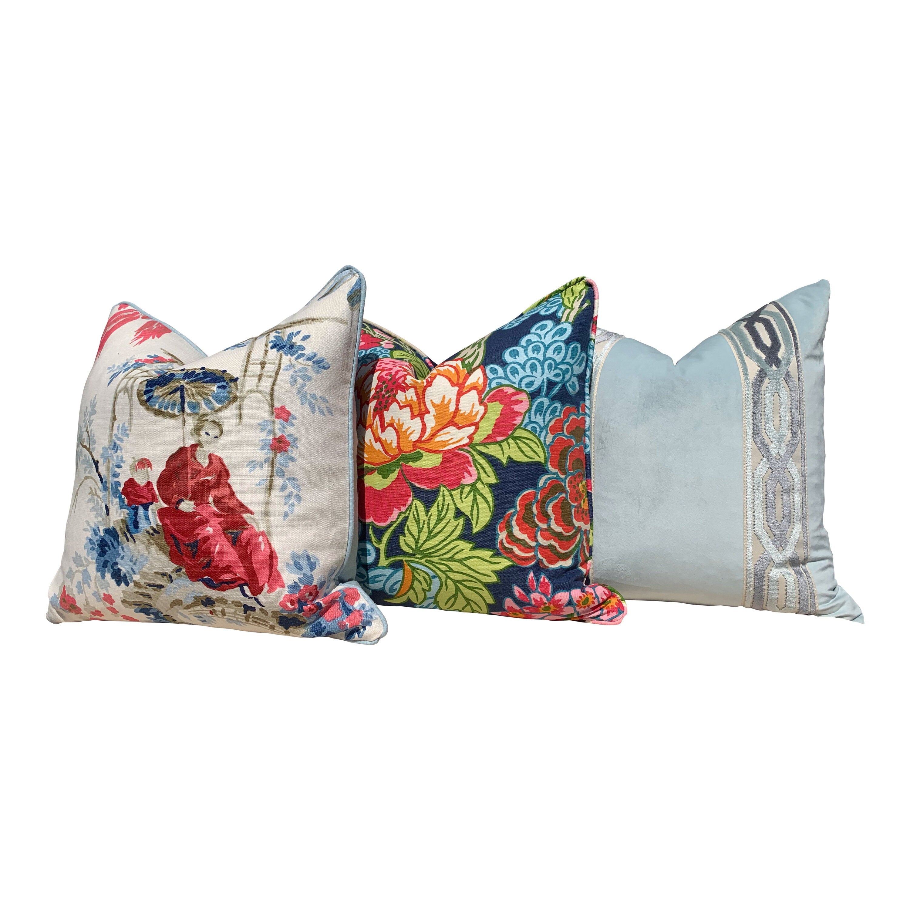 Thibaut Honshu Pillow in Navy Blue. Chinoiserie Floral Pillow. Lumbar Pillow. Designer pillow, accent pillow cover, high end cushion