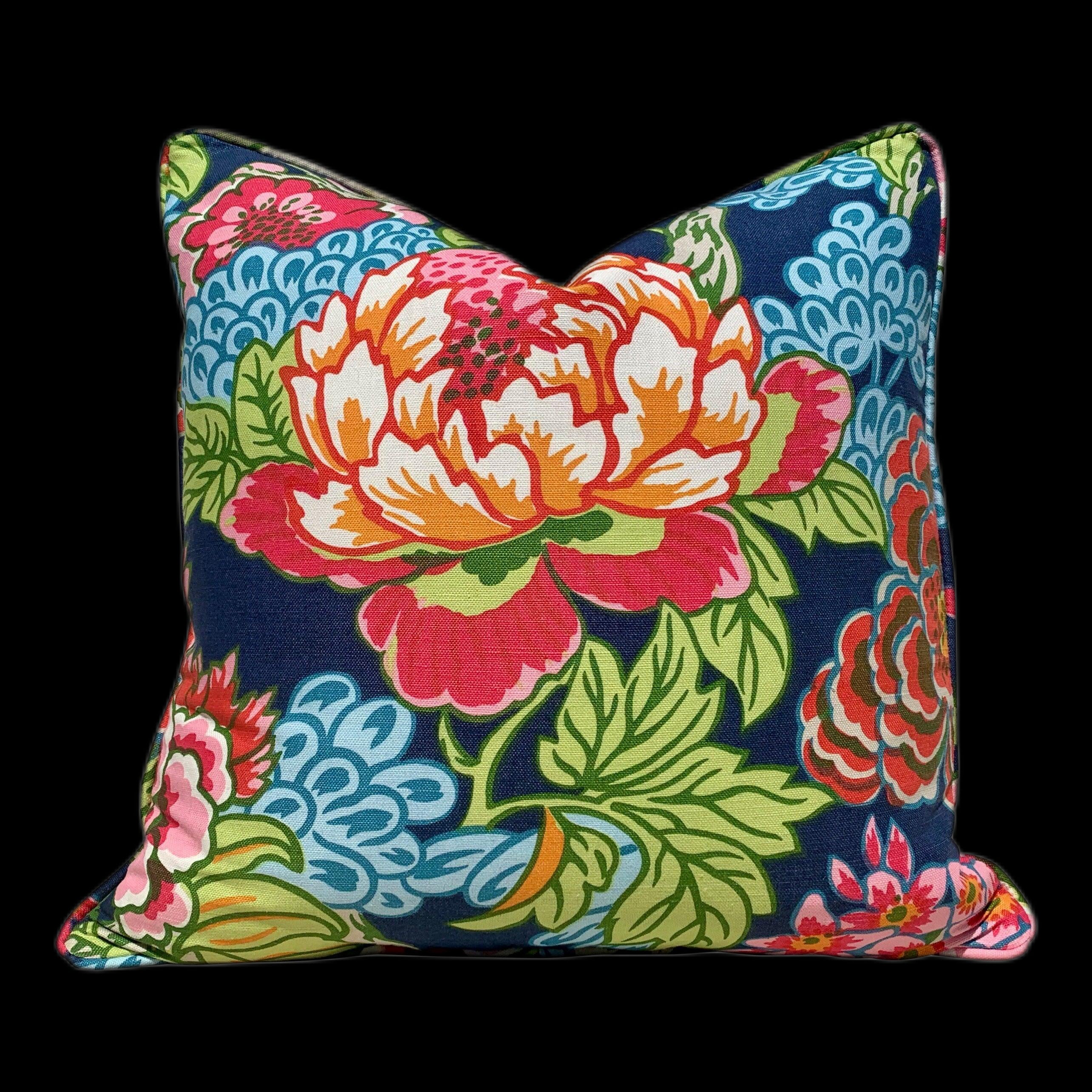 Thibaut Honshu Pillow in Navy Blue. Chinoiserie Floral Pillow. Lumbar Pillow. Designer pillow, accent pillow cover, high end cushion