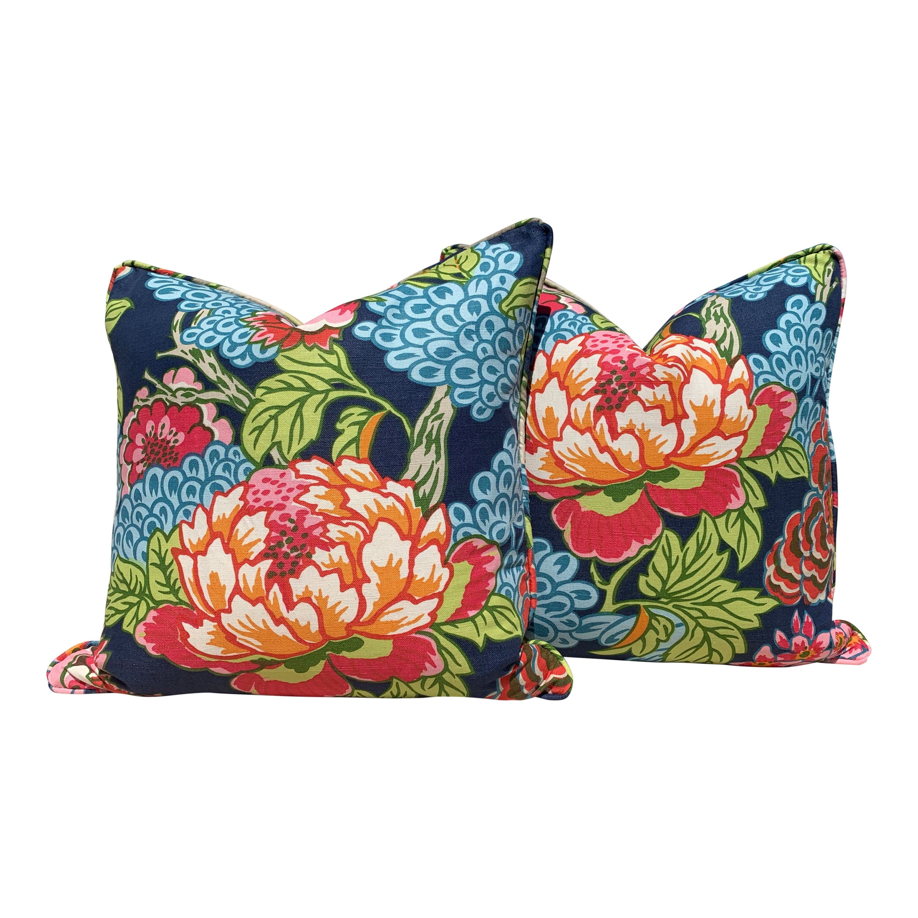 Thibaut Honshu Pillow in Navy Blue. Chinoiserie Floral Pillow. Lumbar Pillow. Designer pillow, accent pillow cover, high end cushion