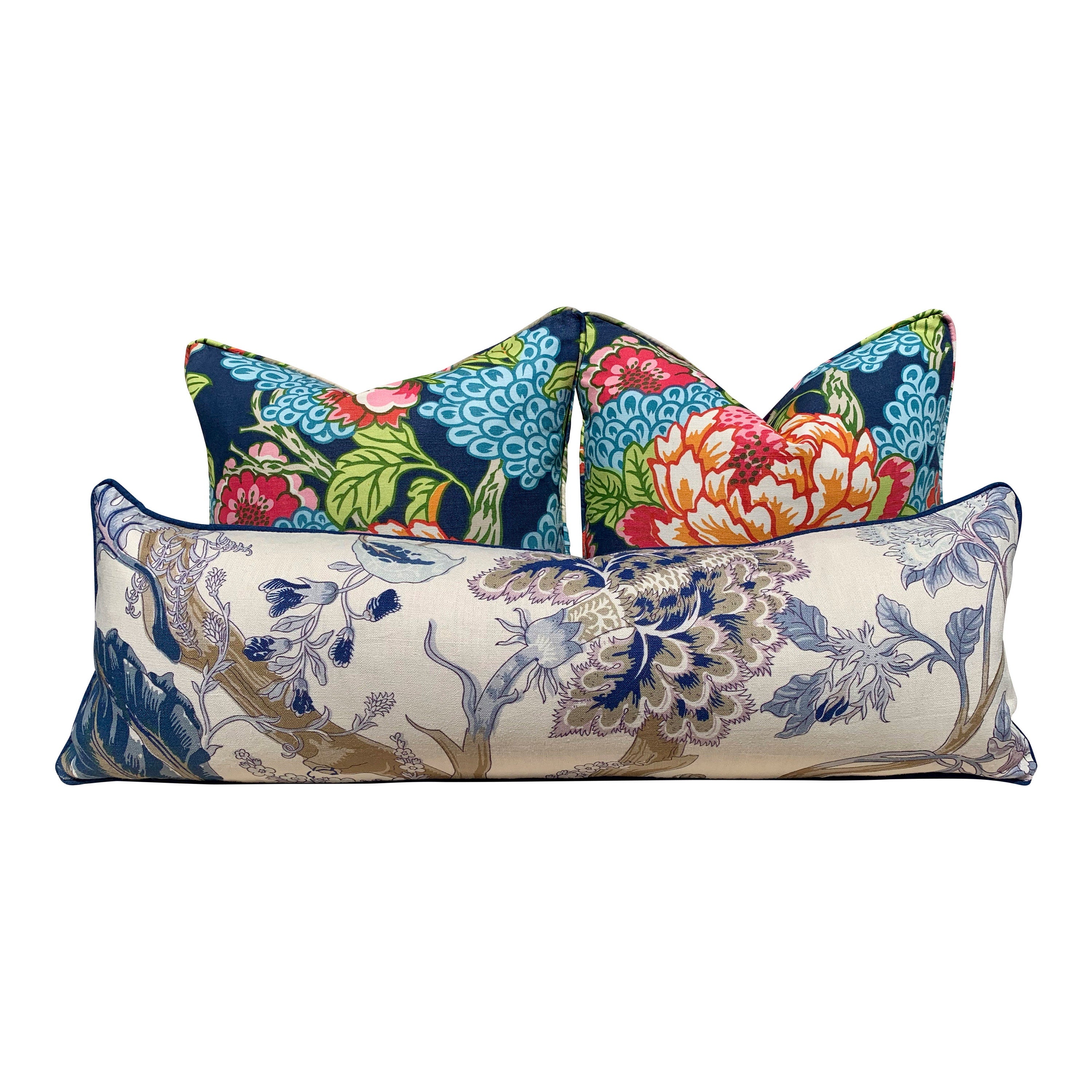 Thibaut Honshu Pillow in Navy Blue. Chinoiserie Floral Pillow. Lumbar Pillow. Designer pillow, accent pillow cover, high end cushion