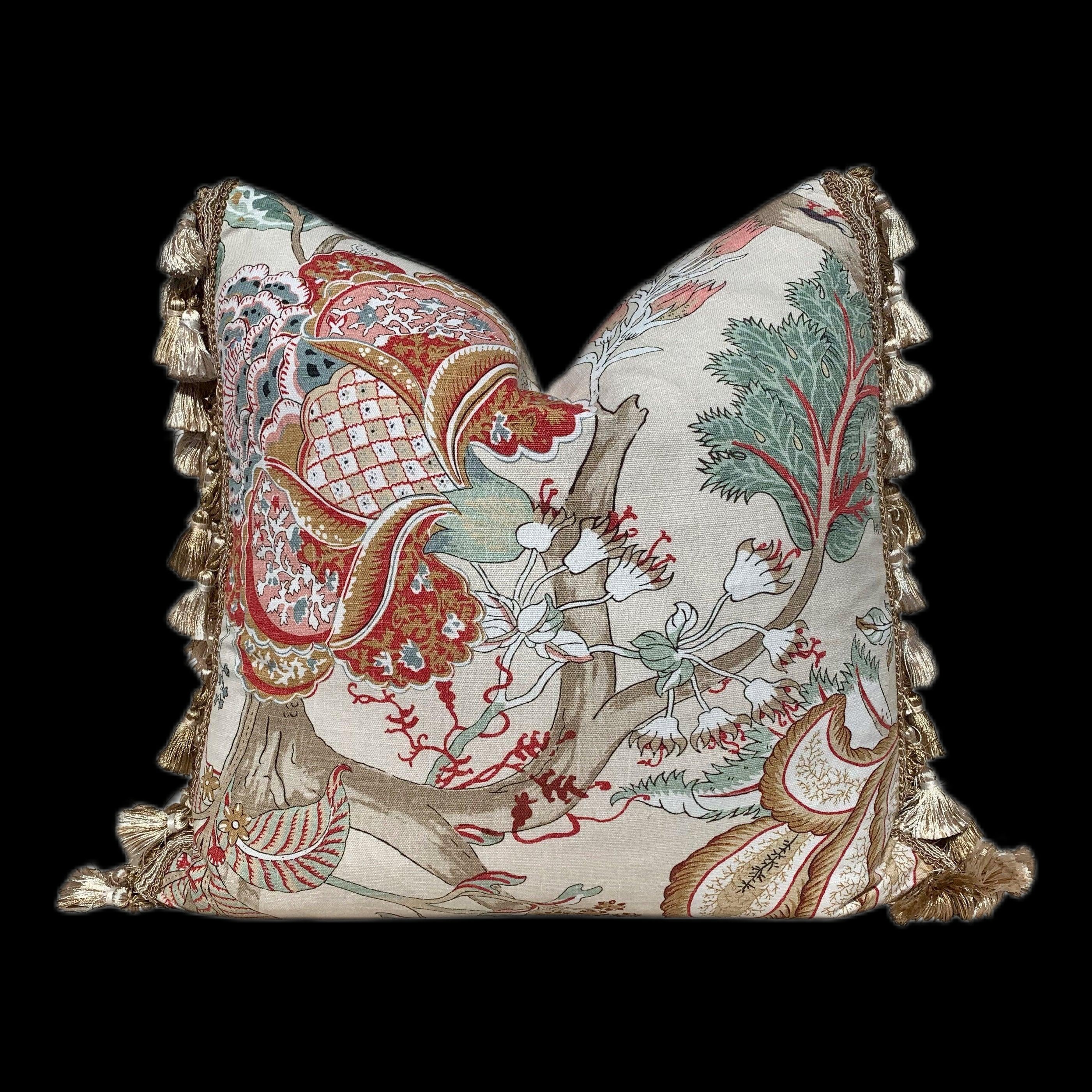 Thibaut Kalamkari Pillow Embelished with Sand Tassel Fringe. Decorative Cushion Cover with Tassel Trim, Red Aqua Green Tan Pillow Case