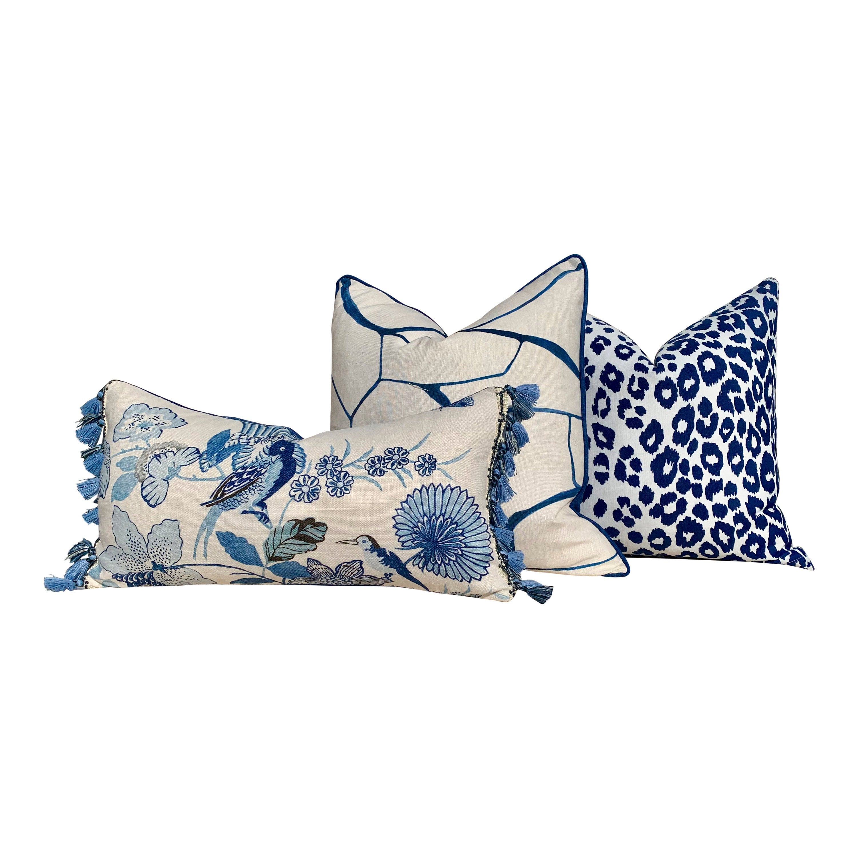 Indoor/Outdoor Schumacher Leopard Pillow in White and Blue. Decorative lumbar Pillow, designer cushion cover, accent pillow, outdoor pillow