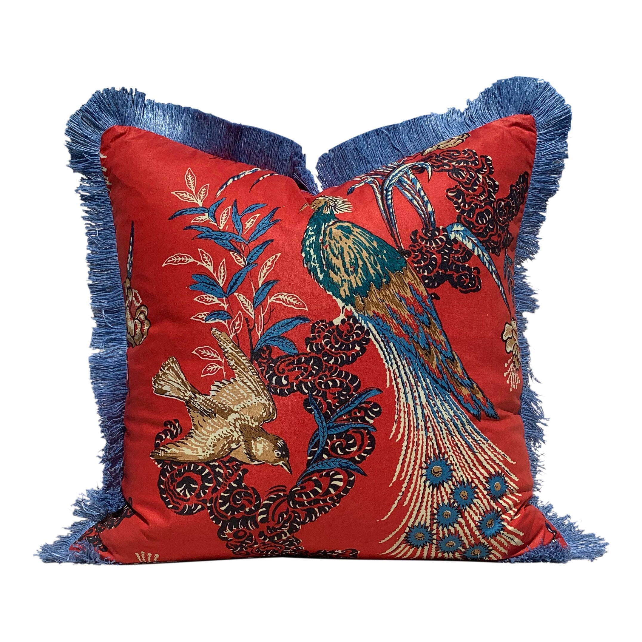 Schumacher Peacock Pillow in red Embelished with French Blue Brush Trim. Decorative Pillow. Bird Throw Pillow.