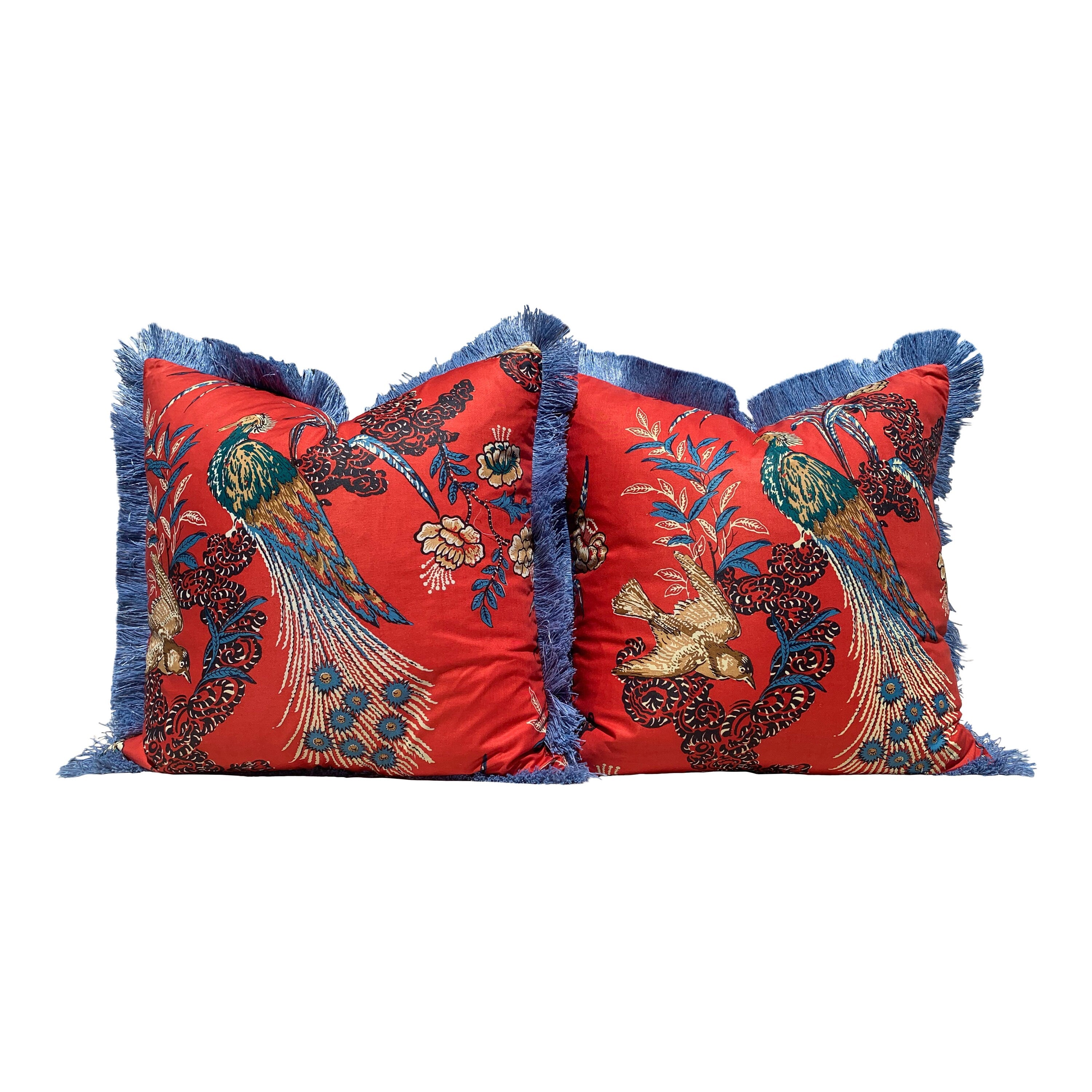 Schumacher Peacock Pillow in red Embelished with French Blue Brush Trim. Decorative Pillow. Bird Throw Pillow.