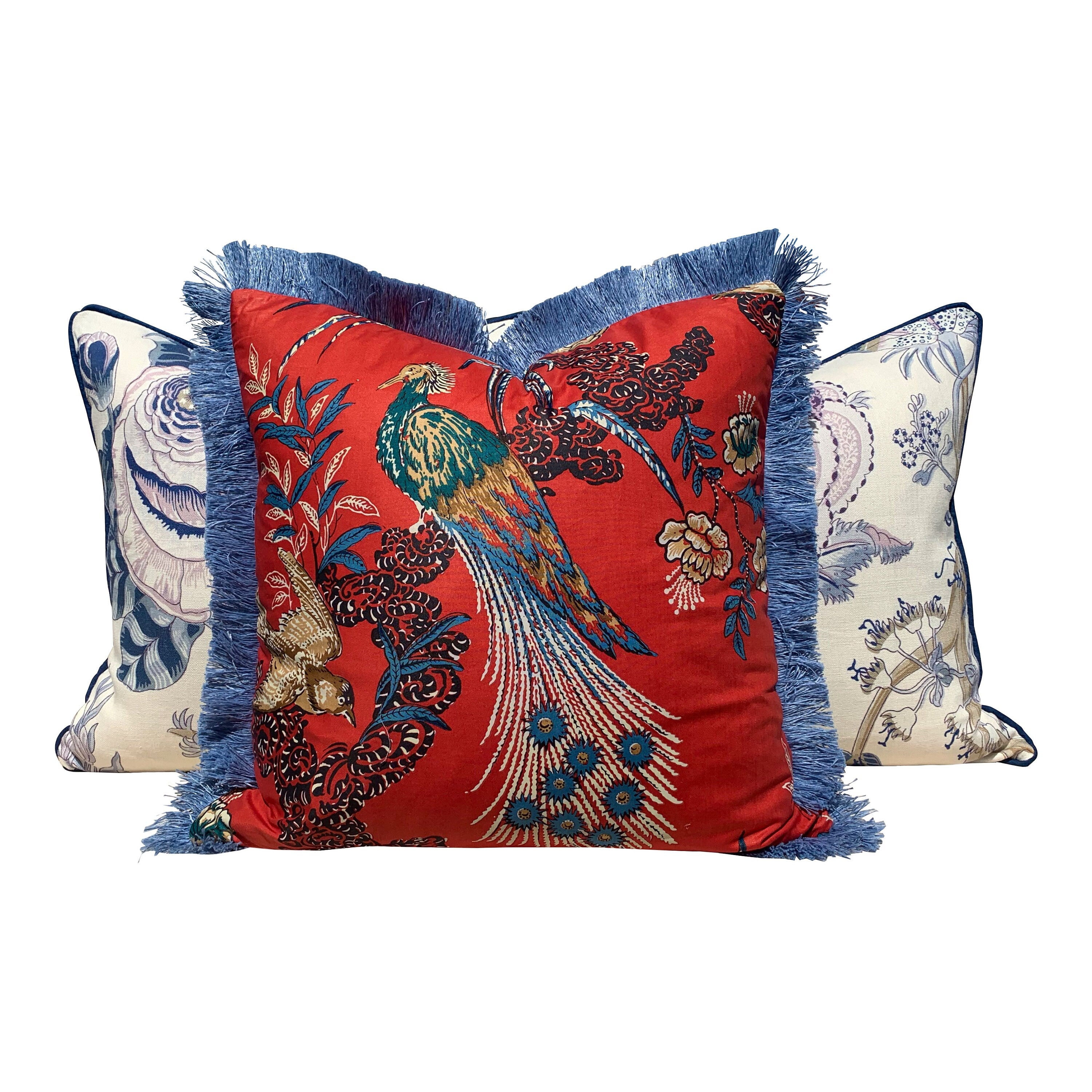 Schumacher Peacock Pillow in red Embelished with French Blue Brush Trim. Decorative Pillow. Bird Throw Pillow.