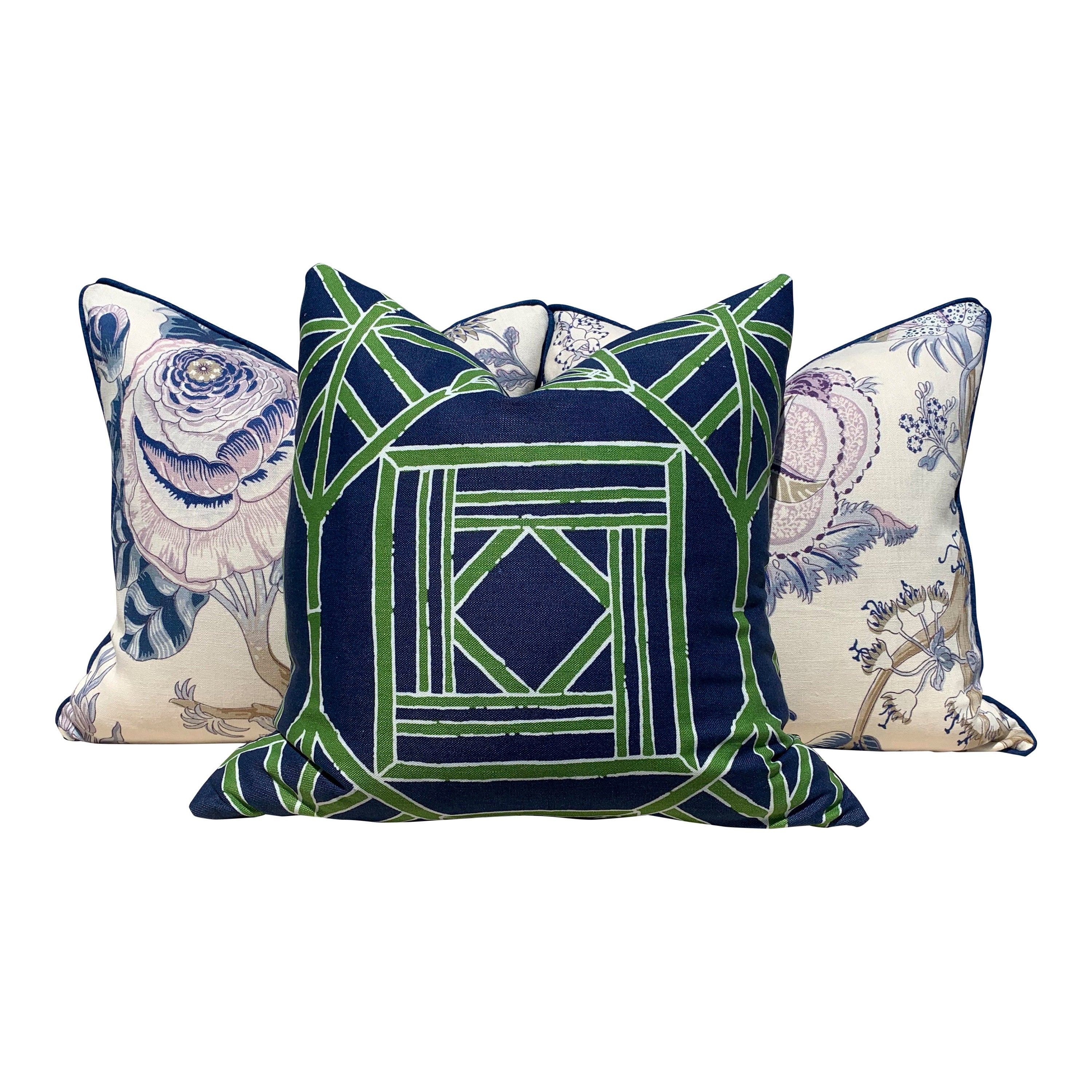 Thibaut Shoji Panel Pillow in Navy BLue and Green. Lumbar Bamboo Cushion Chinoiserie Accent Pillow Designer pillows high end cushion