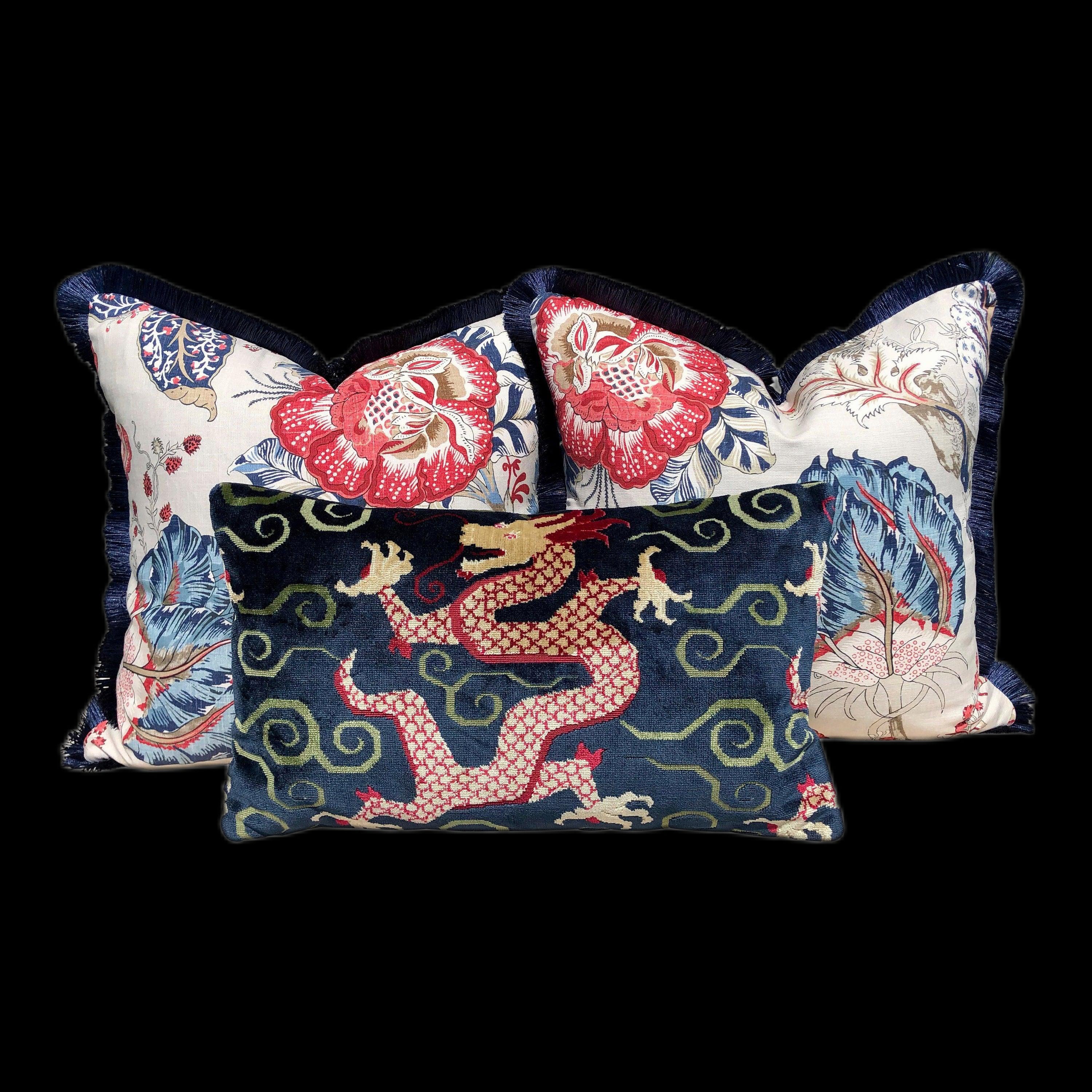 Schumacher Bixi Velvet Lumbar Pillow in Navy Blue. Dragon Velvet Pillow, Red Navy Chinoiserie Cushion, Asian Pillow Cover, Luxurious Pillow