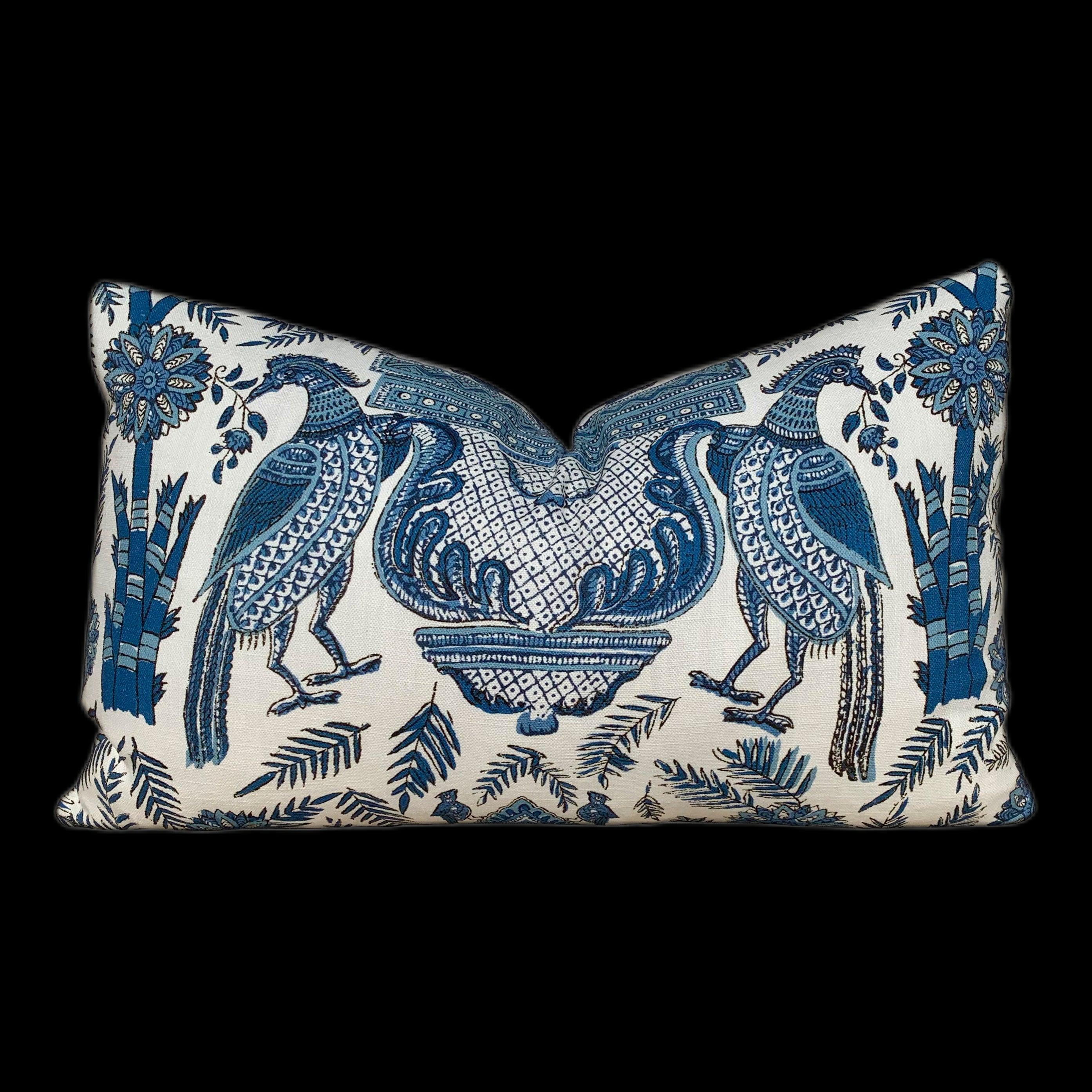 Thibaut Palampore Bird Lumbar Pillow in Blue. Designer Pillow. Accent Blue Pillow Cover. High End Throw Pillow.