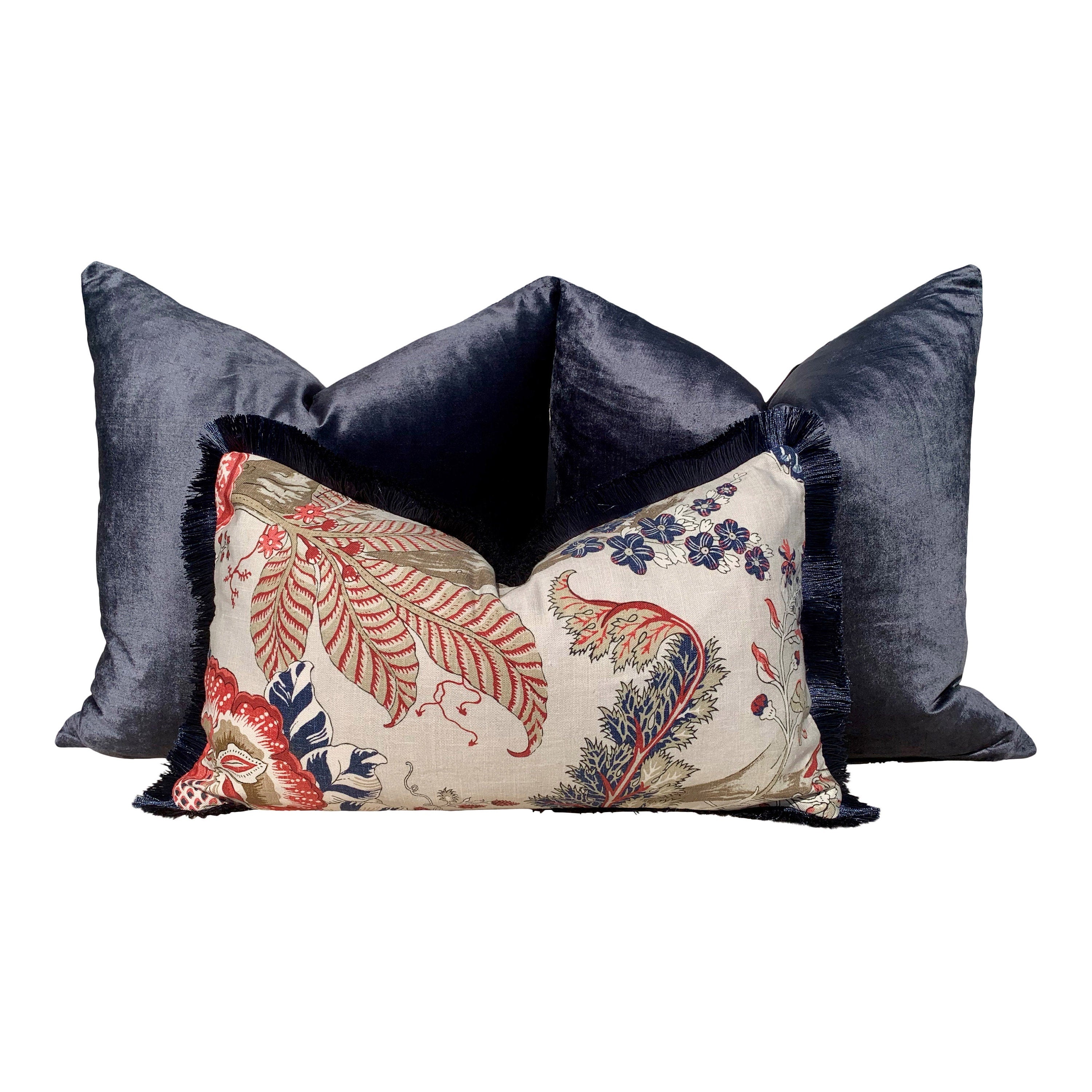 Kalamkari Pillow Red and Blue , Navy Brush Fringe. Lumbar Pillow, Chinoiserie Pillow, accent cushion cover, decorative pillow