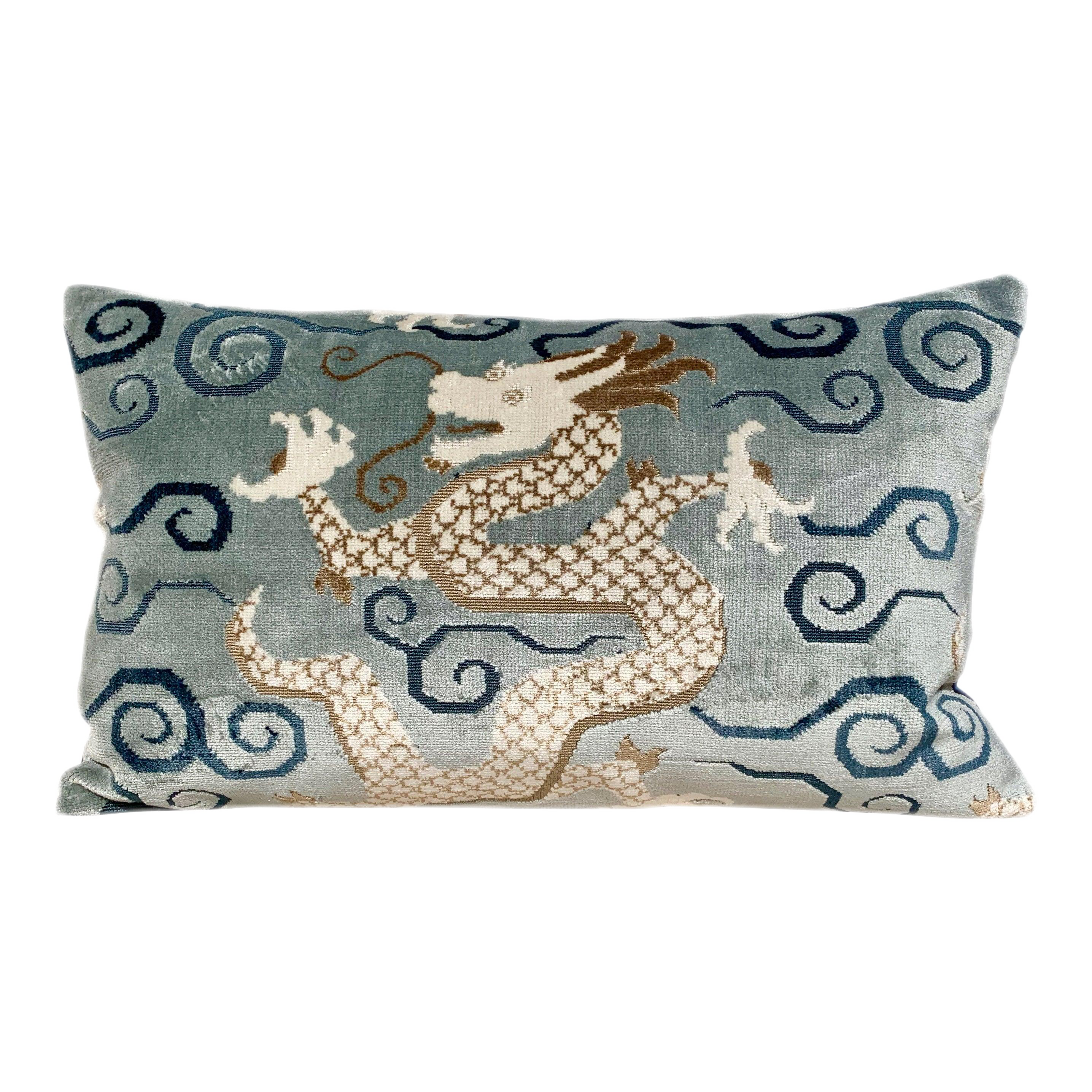 Back Ordered till End of July!!!!   Schumacher Bixi Velvet Pillow in Celestine //  Dragon Velvet Pillow // Chinoiserie Pillow Lumbar Pillow