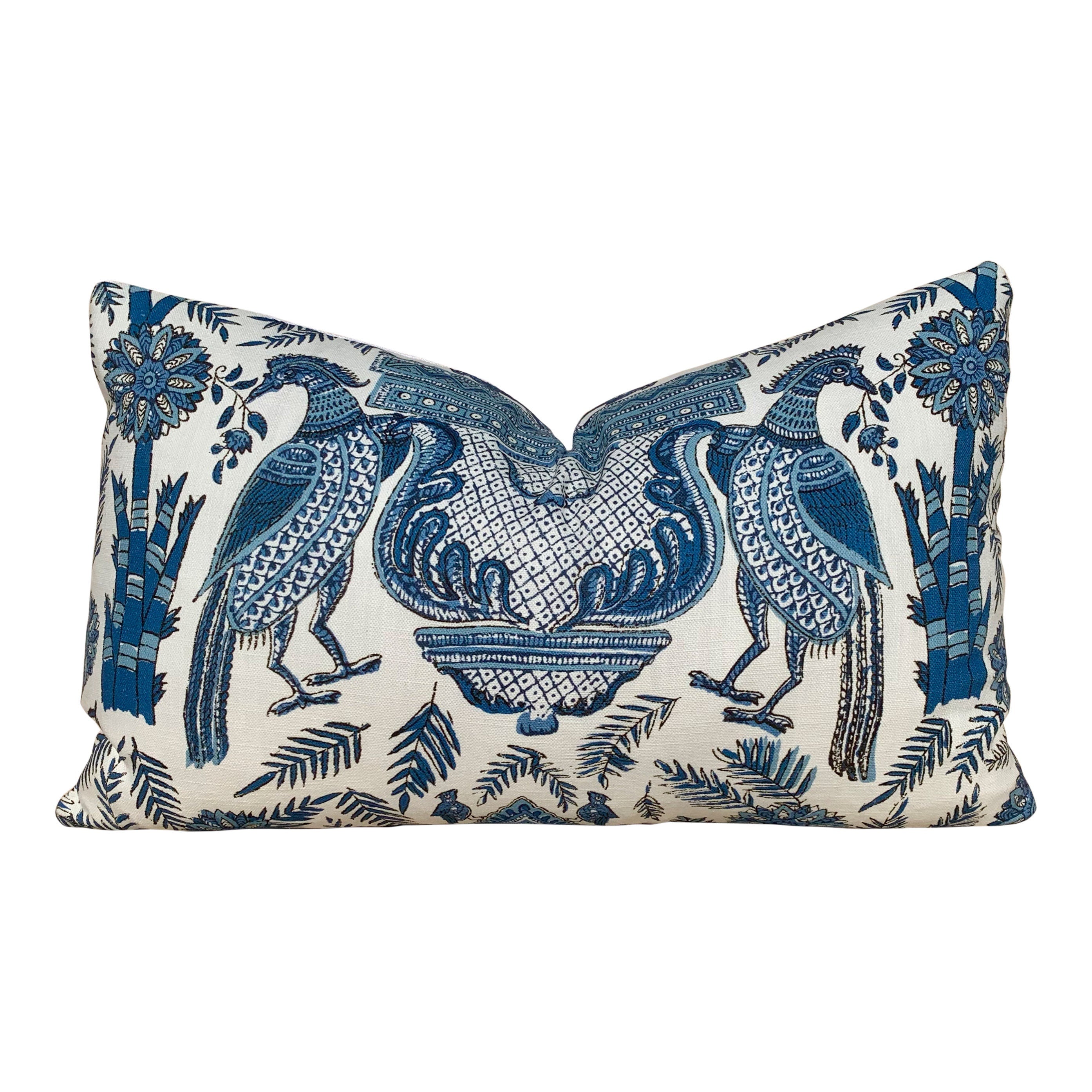 Thibaut Palampore Pillow in Blue and White. Lumbar Decorative Bird Pillow. Designer Pillows, accent cushion, decorative pillow cover
