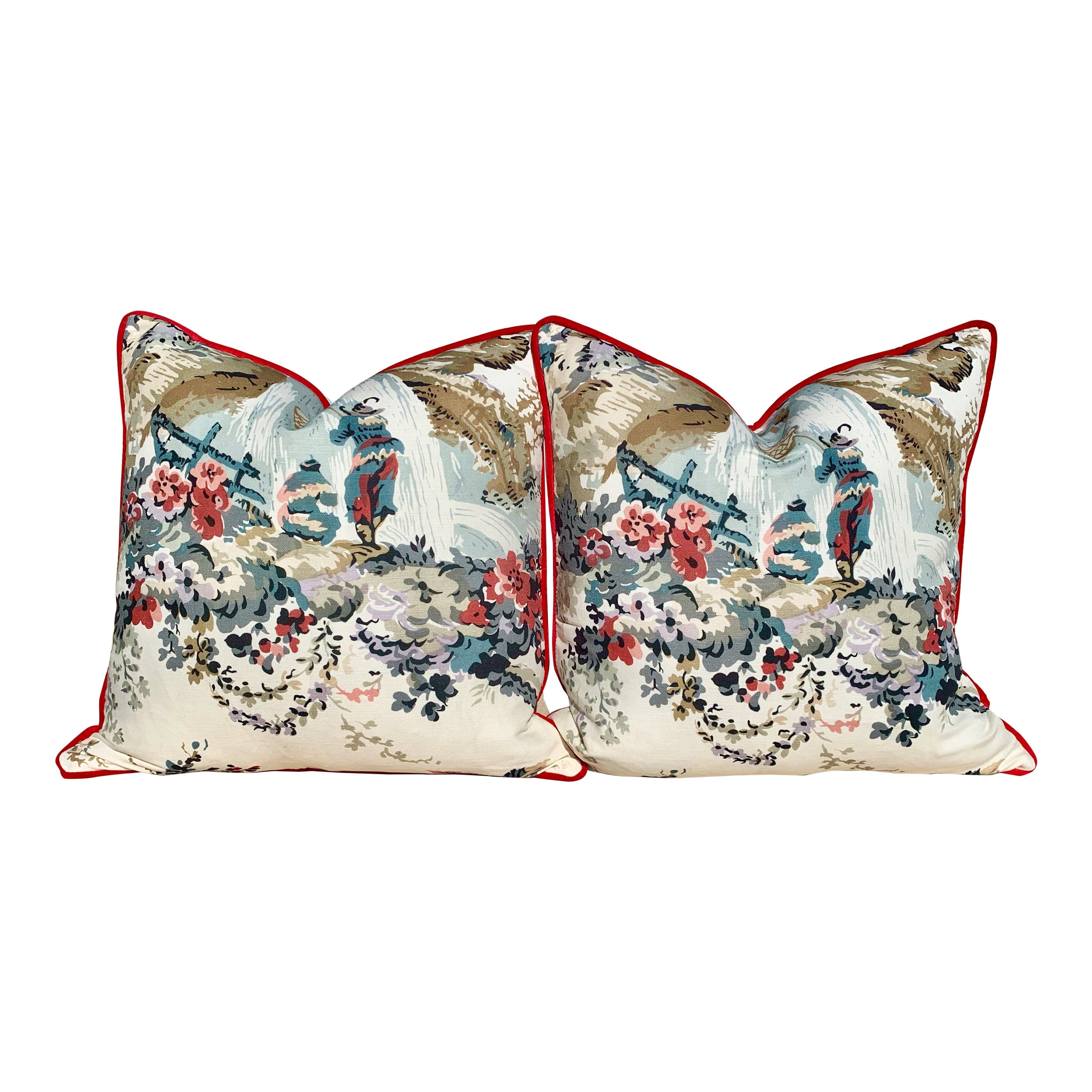 Moorea Linen Pillow in Cream, Red. Floral LInen Pillow. Chinoiserie Pillow, lumbar Floral Pillow Cover, Euro Sham Pillow, Decorative Pillow