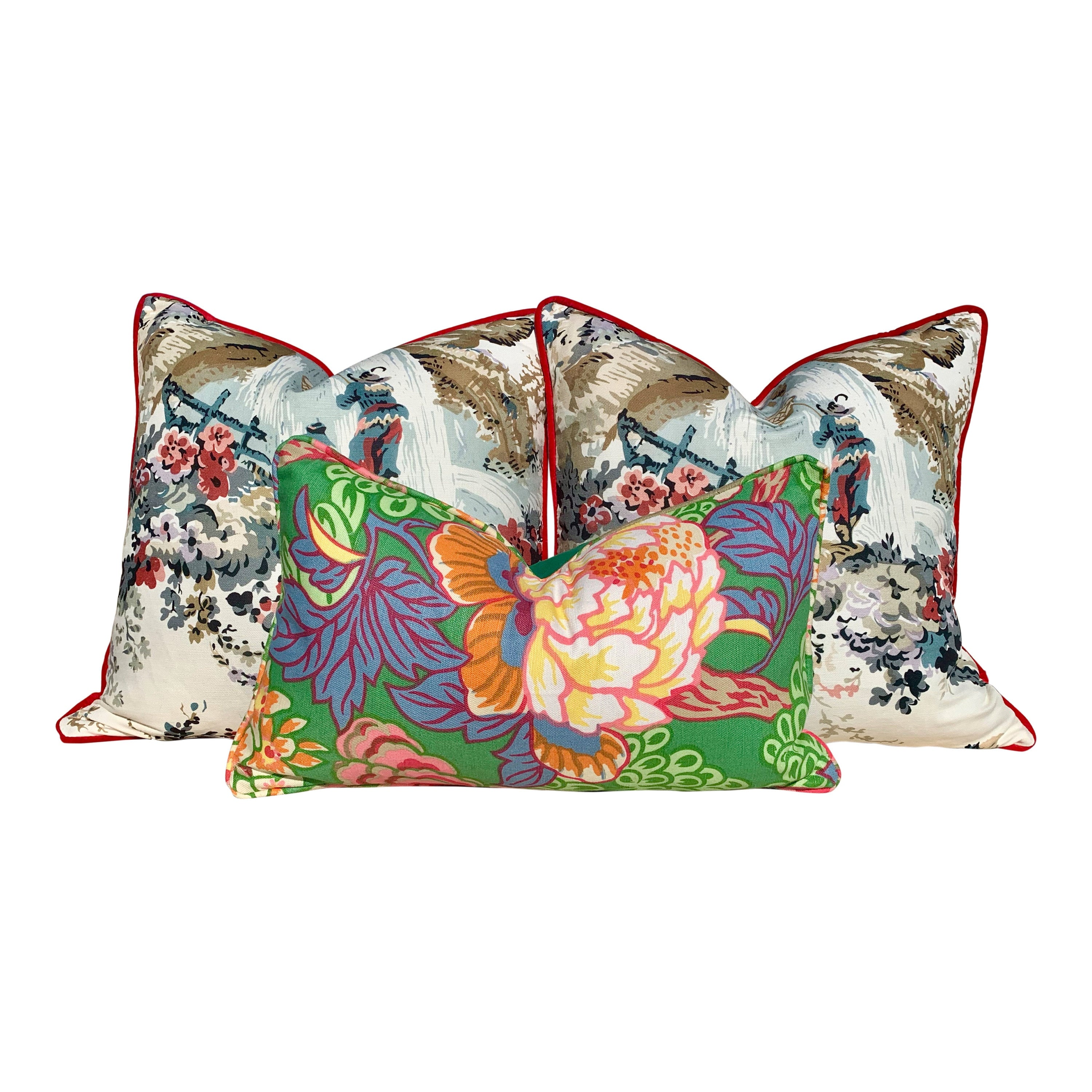 Moorea Linen Pillow in Cream, Red. Floral LInen Pillow. Chinoiserie Pillow, lumbar Floral Pillow Cover, Euro Sham Pillow, Decorative Pillow