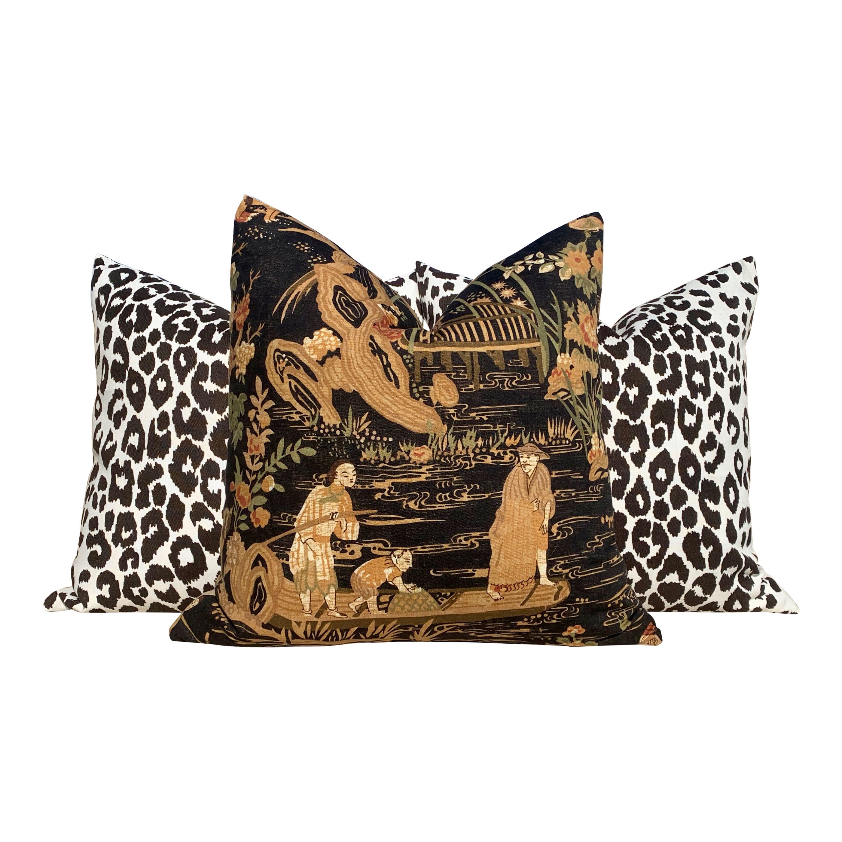 Schumacher Iconic Leopard Pillow in Charcoal. Indoor/Outdoor Pillow.