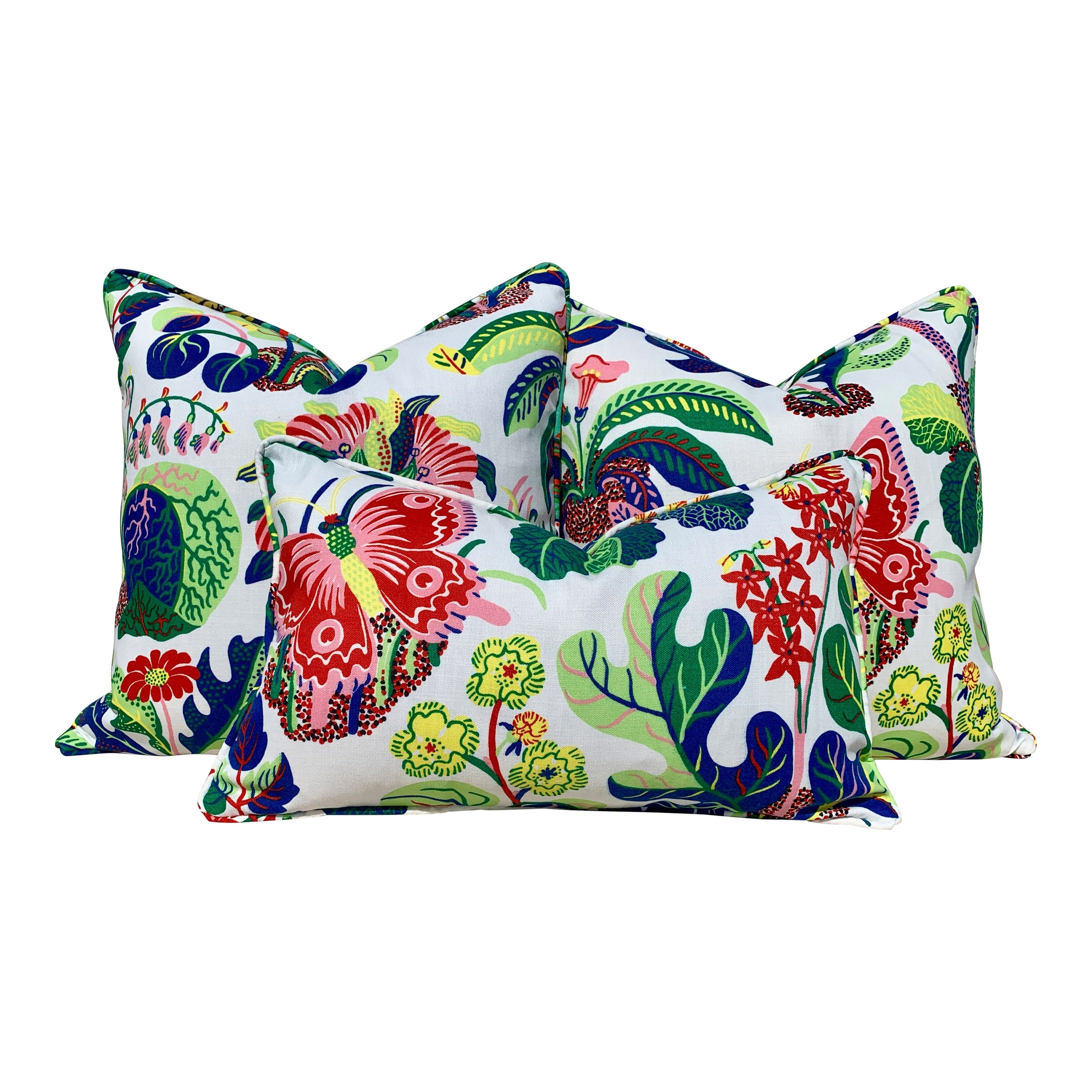 Outdoor Exotic Butterfly Pillow Pink Blue Green, Schumacher Floral Pillow Pink, Lumbar Butterfly Pillow, Multicolor Toss Throw, Josef Frank
