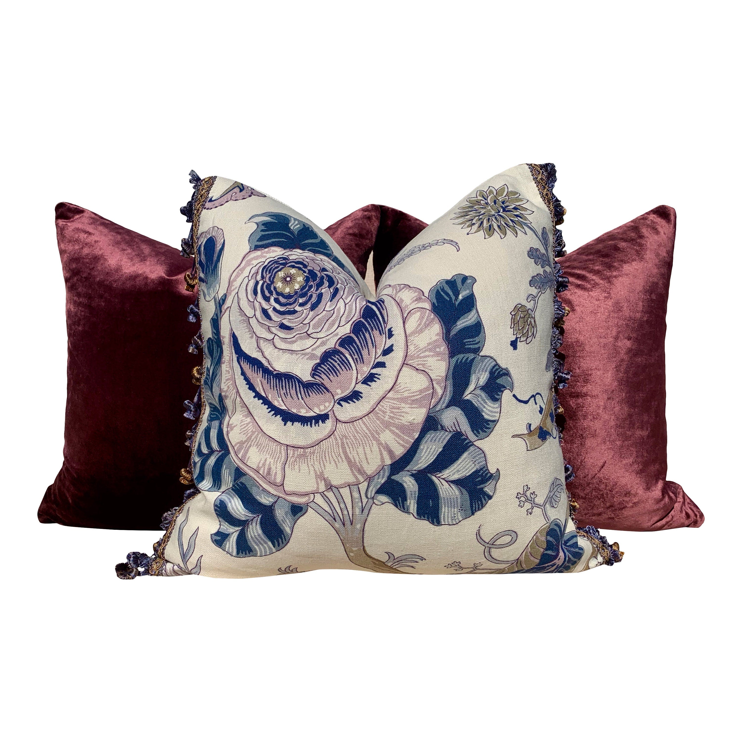 Schumacher Indian Arbre Pillow in BLue and Lavender, Onion Ball Trim. Floral Lumbar Pillow.