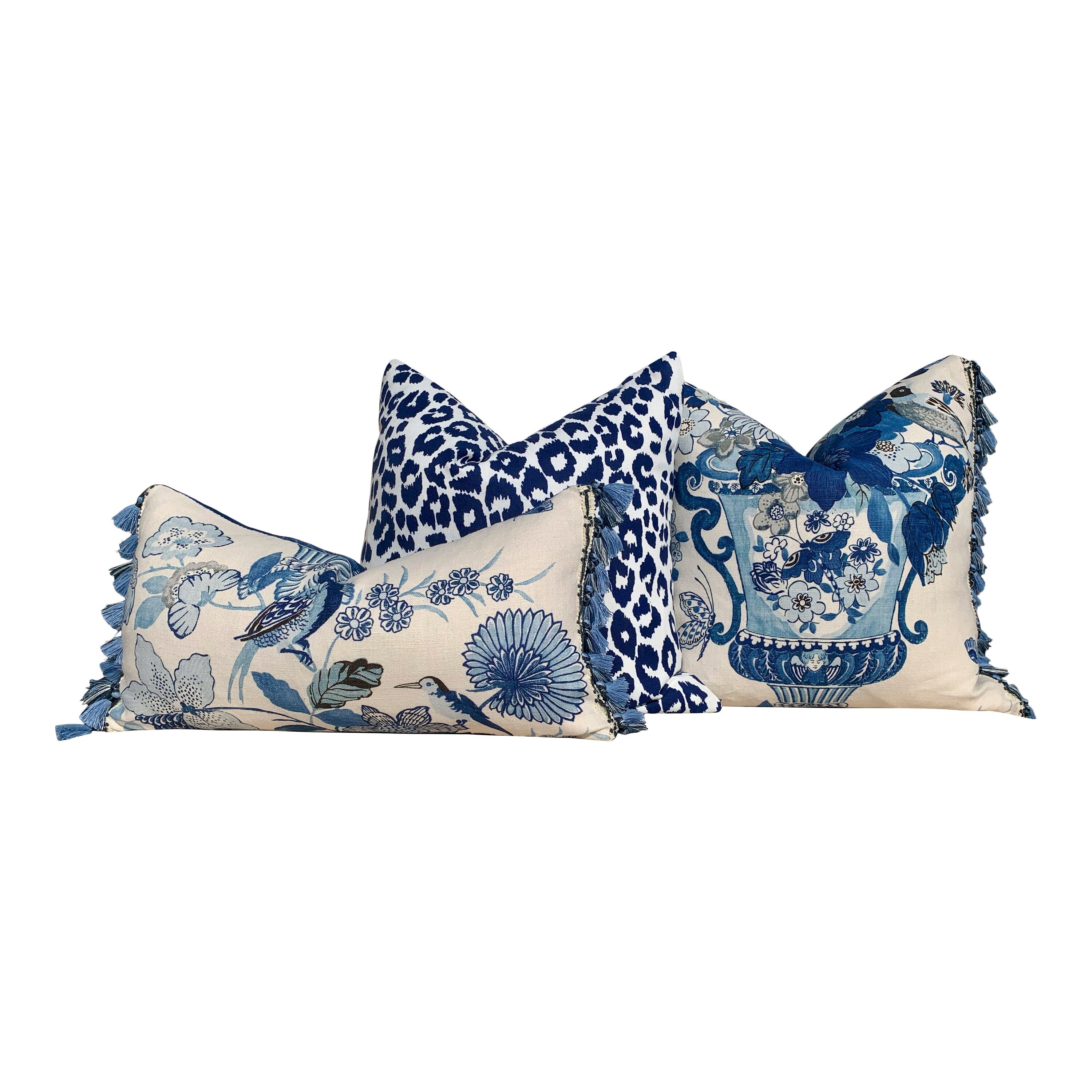 Schumacher Lansdale Bouquet Pillow Blue. Lumbar Decorative Pillow in Porcelain Blue and White, Designer high end floral pillow cover case