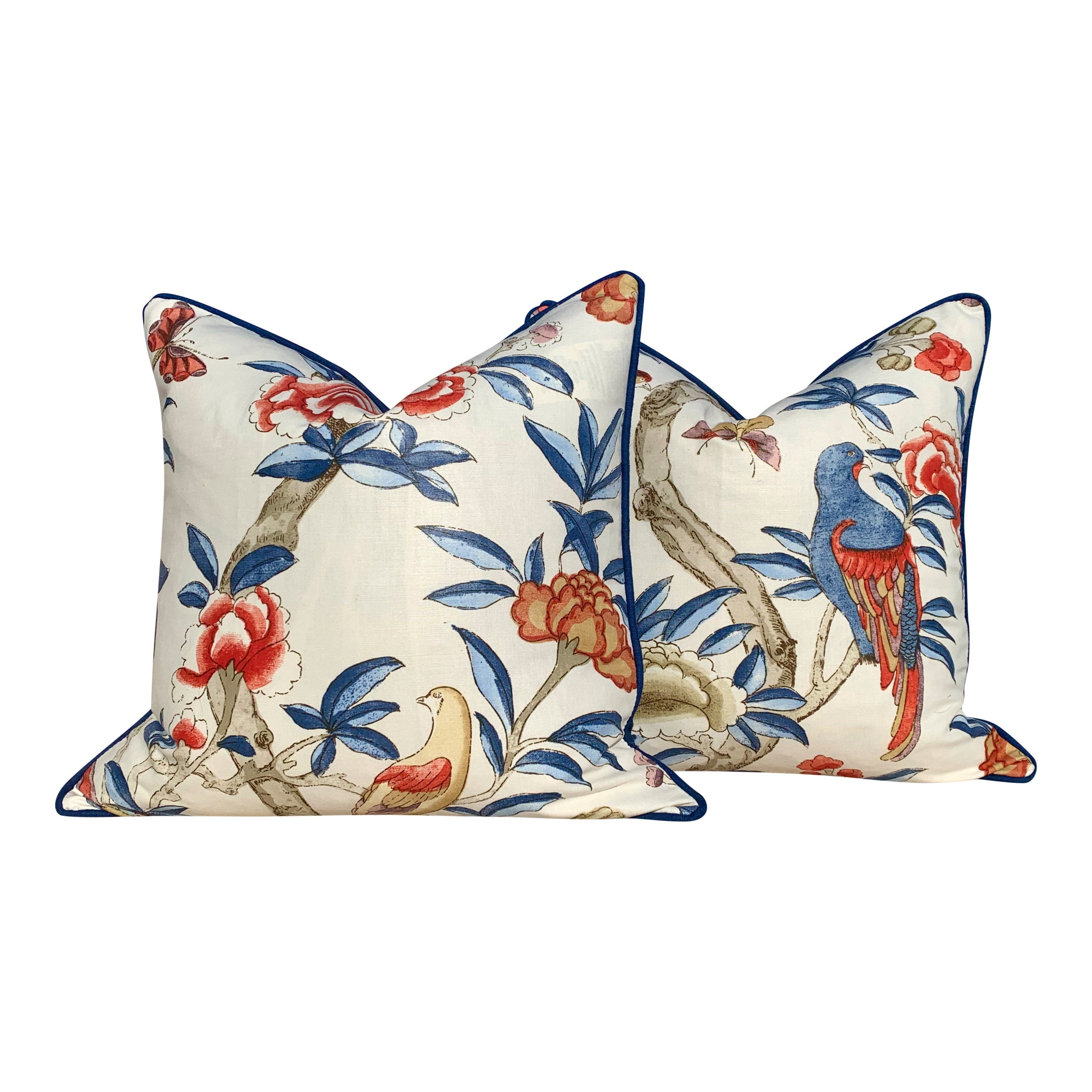Thibaut Gissele Linen Pillow In Blue and Red, Solid Blue Pipping. Lumbar Tropical Pillow.