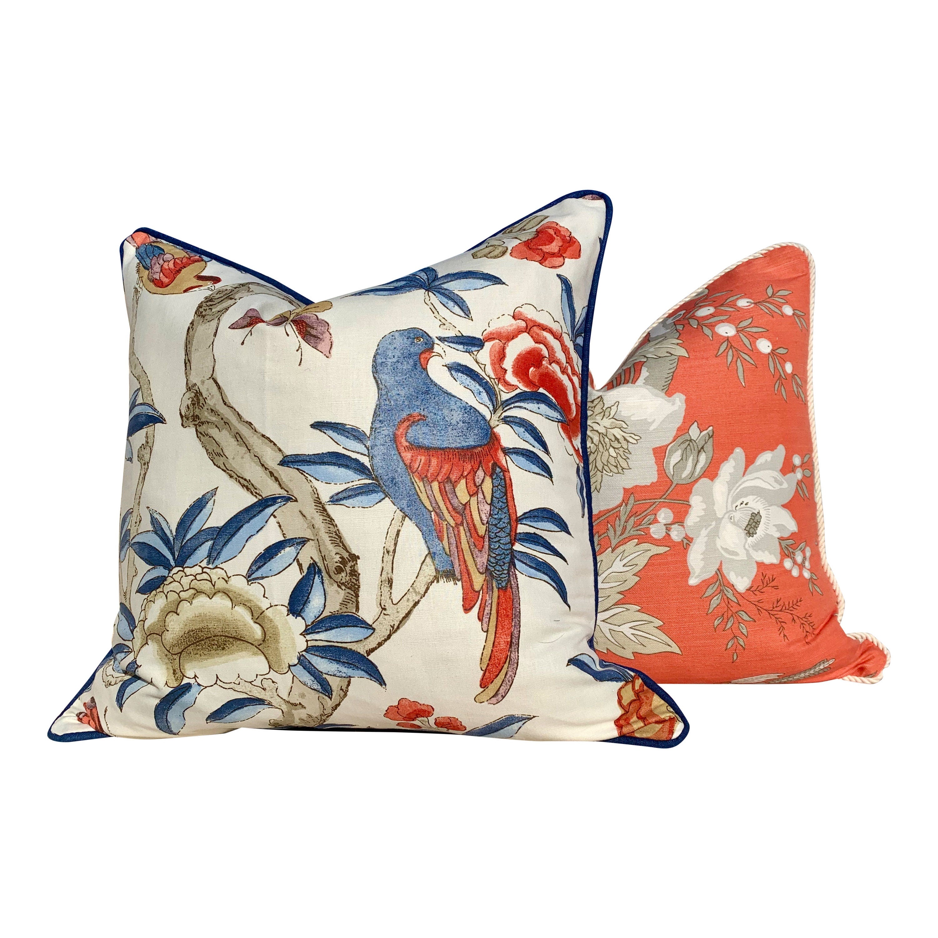 Thibaut Gissele Linen Pillow In Blue and Red, Solid Blue Pipping. Lumbar Tropical Pillow.