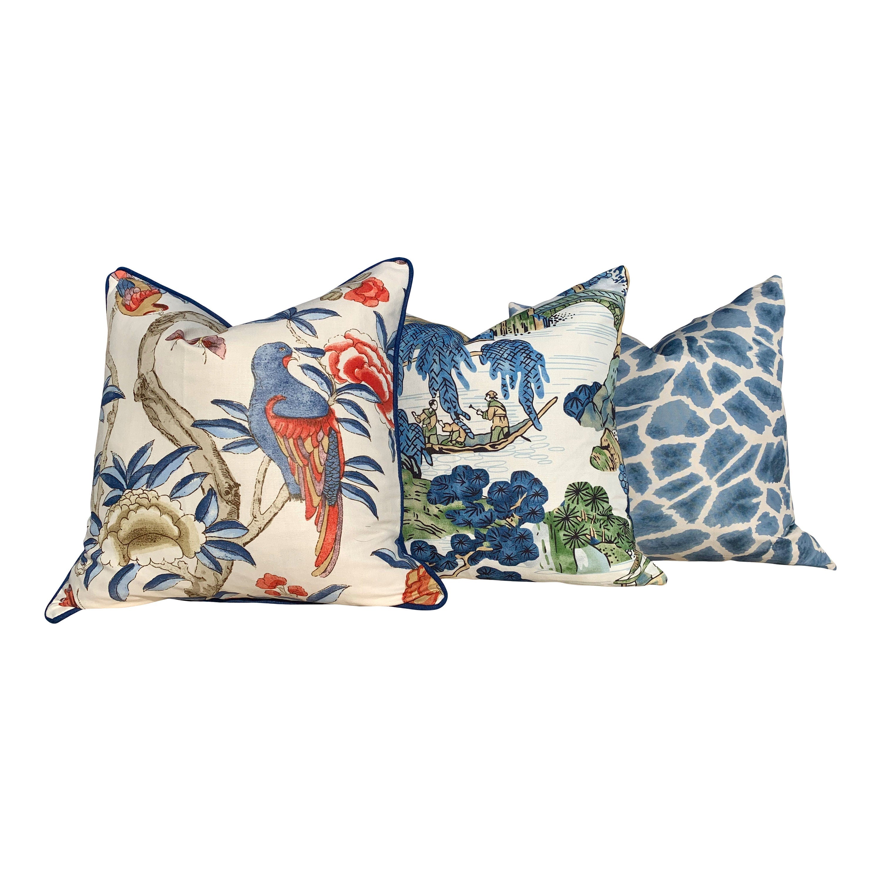 Thibaut Gissele Linen Pillow In Blue and Red, Solid Blue Pipping. Lumbar Tropical Pillow.