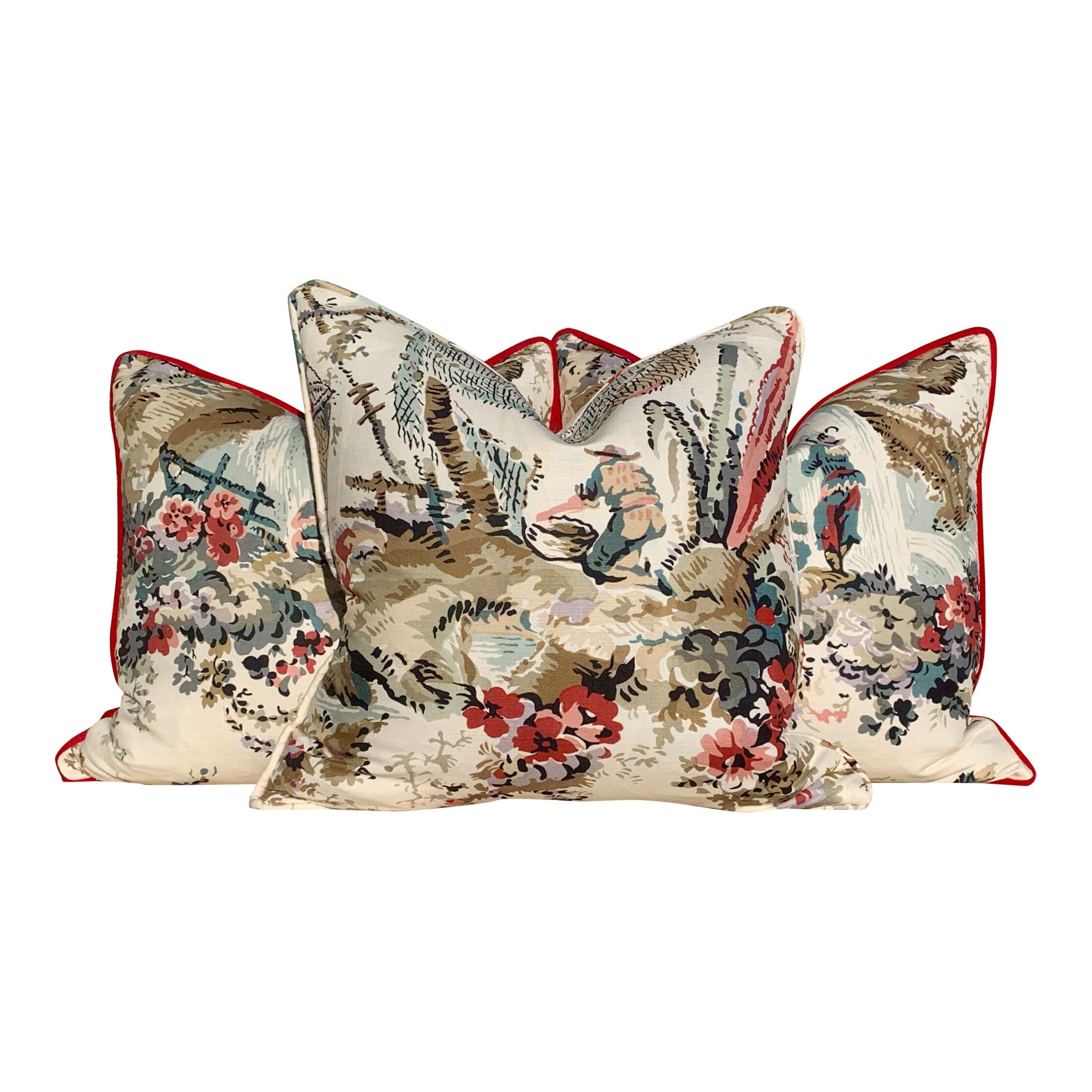Thibaut Moorea Floral Linen Pillow in Cream and Red. Floral LInen Pillow, Lumbar Cream Red Pillow, Bedding Pillows, Ivory Cushion Cover