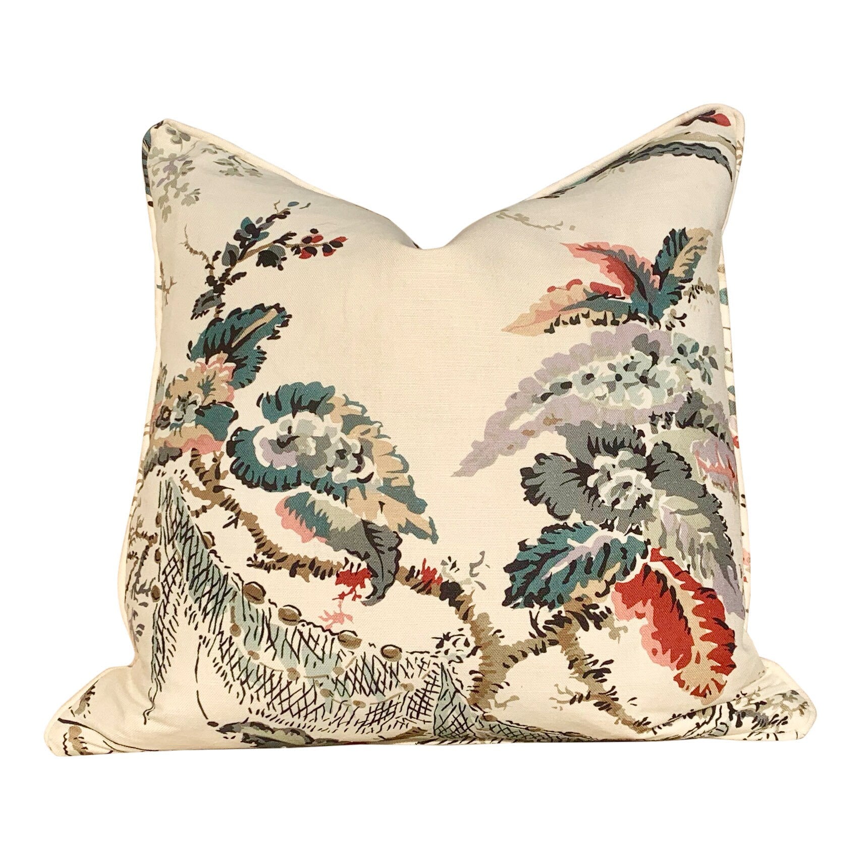 Thibaut Moorea Floral Linen Pillow in Cream and Red. Floral LInen Pillow, Lumbar Cream Red Pillow, Bedding Pillows, Ivory Cushion Cover