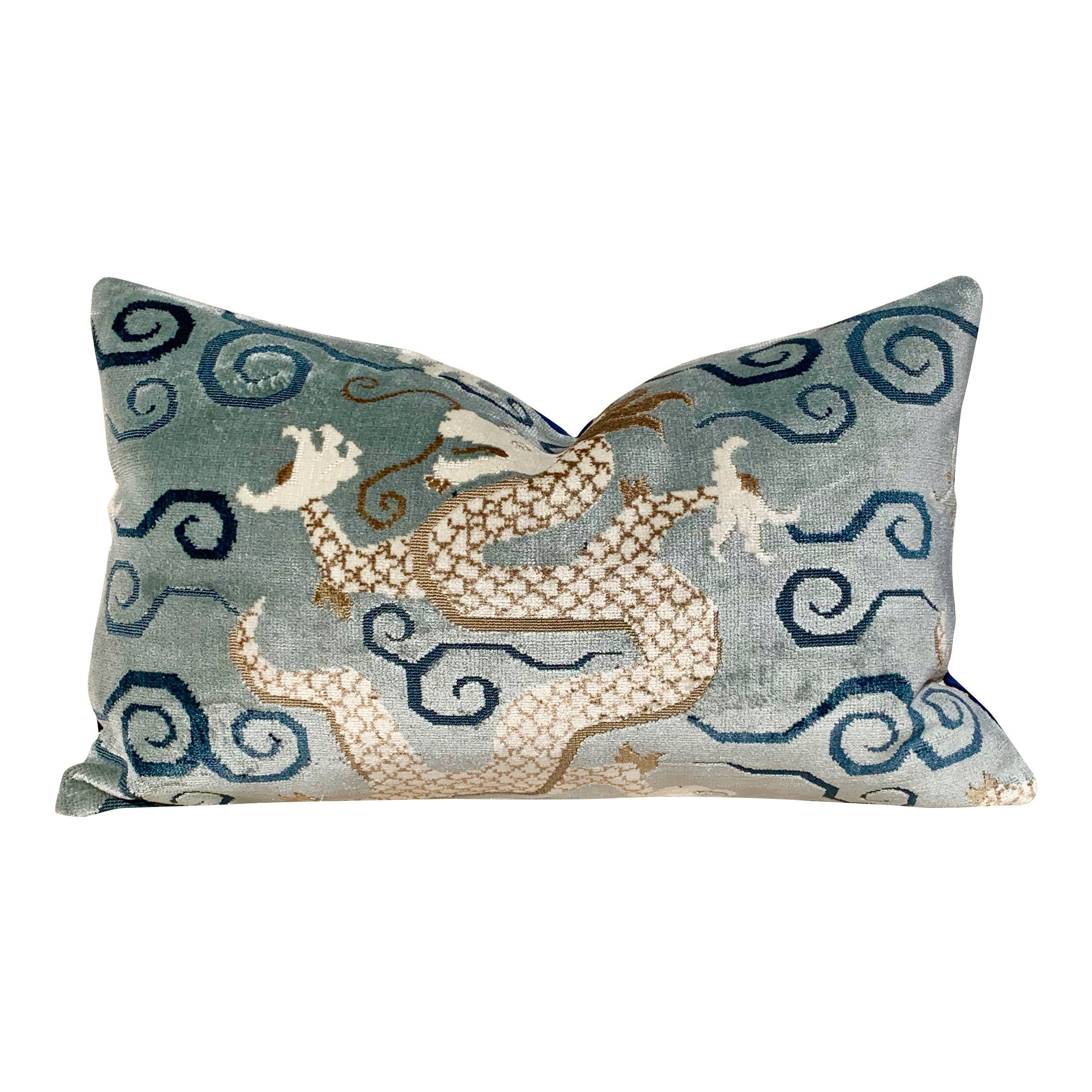 Back Ordered till End of July!!!!   Schumacher Bixi Velvet Pillow in Celestine //  Dragon Velvet Pillow // Chinoiserie Pillow Lumbar Pillow